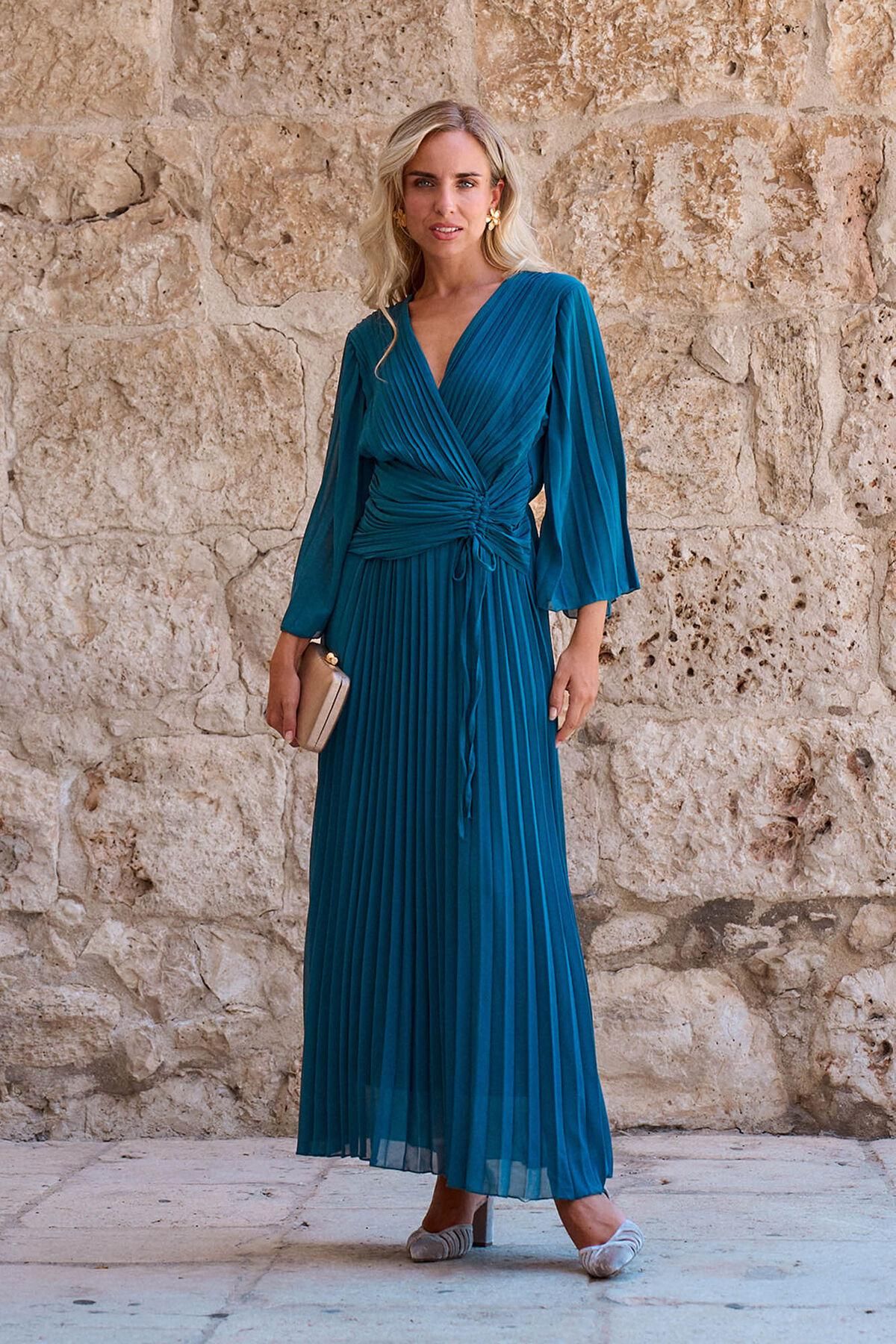 폴린에무아 페미닌 플리츠 랩 롱 원피스 6442344 AZUL - 상품 이미지