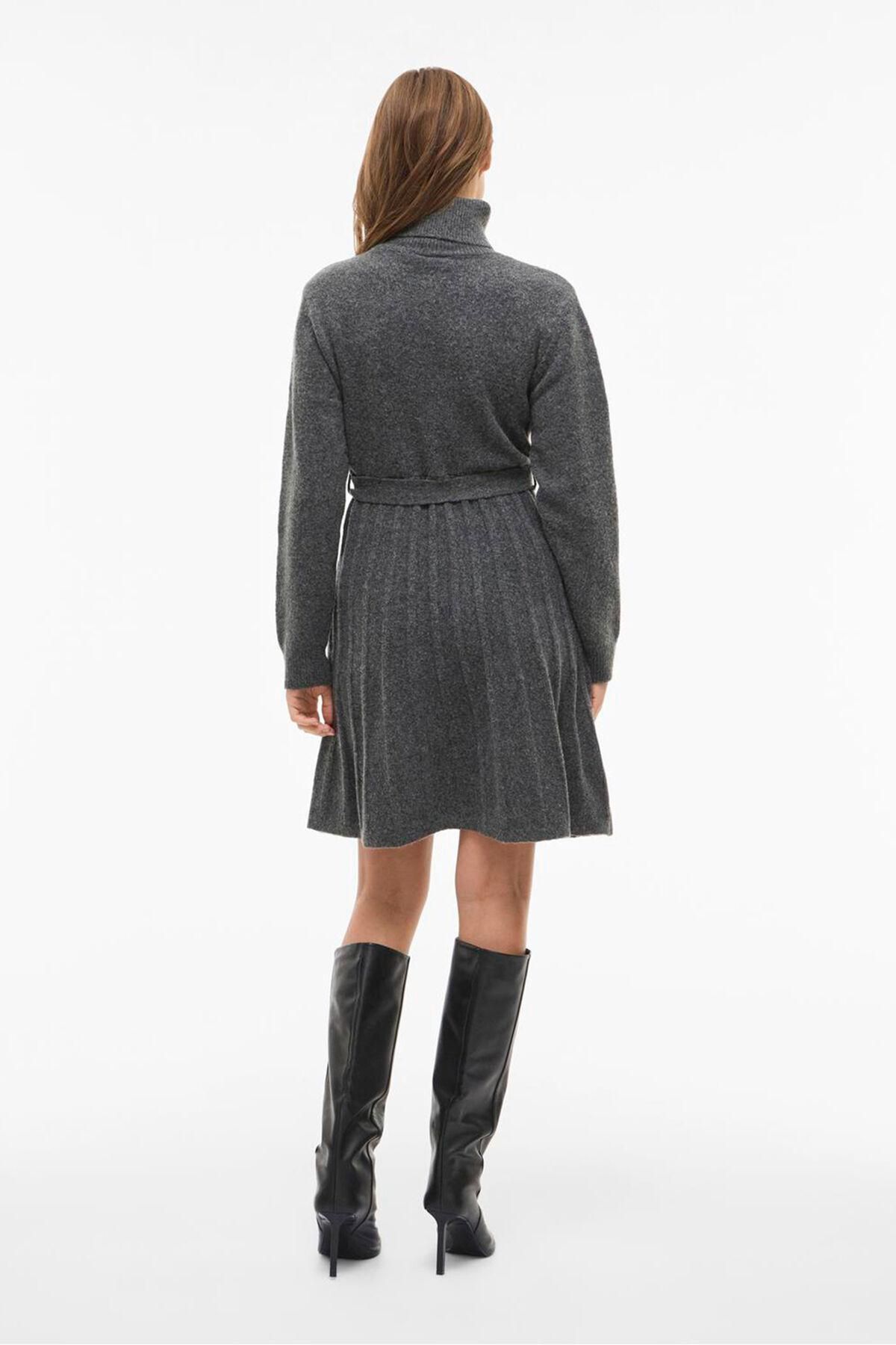 빌라 하이넥 니트 벨트 A라인 미니 원피스 6892229 GRIS - 상세 이미지 4