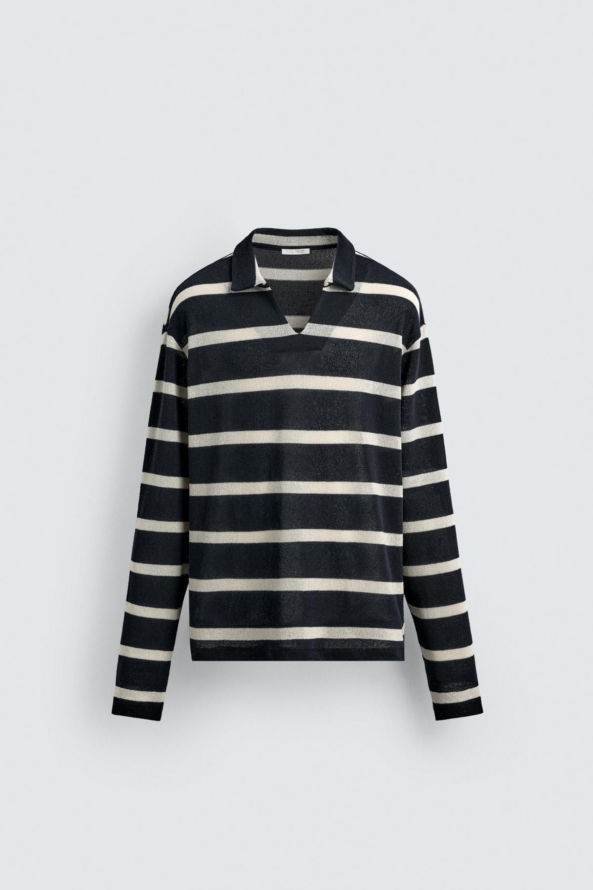 자라 스트라이프 테크니컬 긴팔 폴로 셔츠 5372/315 NAVY BLUE - 메인 이미지