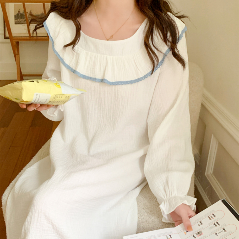 요루면잠옷 신혼부부커플잠옷 원피스파자마 순면 화이트 긴팔 홈웨어 세트 이미지 8