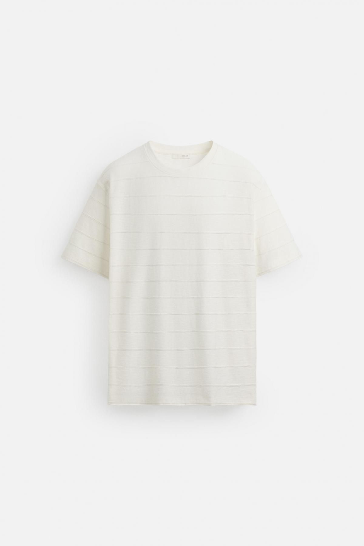 자라 스트라이프 텍스처 레귤러핏 코튼 반팔 티셔츠 9240/300 OYSTER-WHITE - 메인 이미지