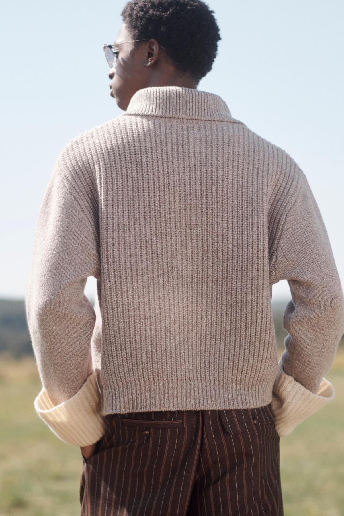 자라 울 테크니컬 버튼업 하이넥 배색 니트 스웨터 5536/312 BROWN / TAUPE - 상세 이미지 4