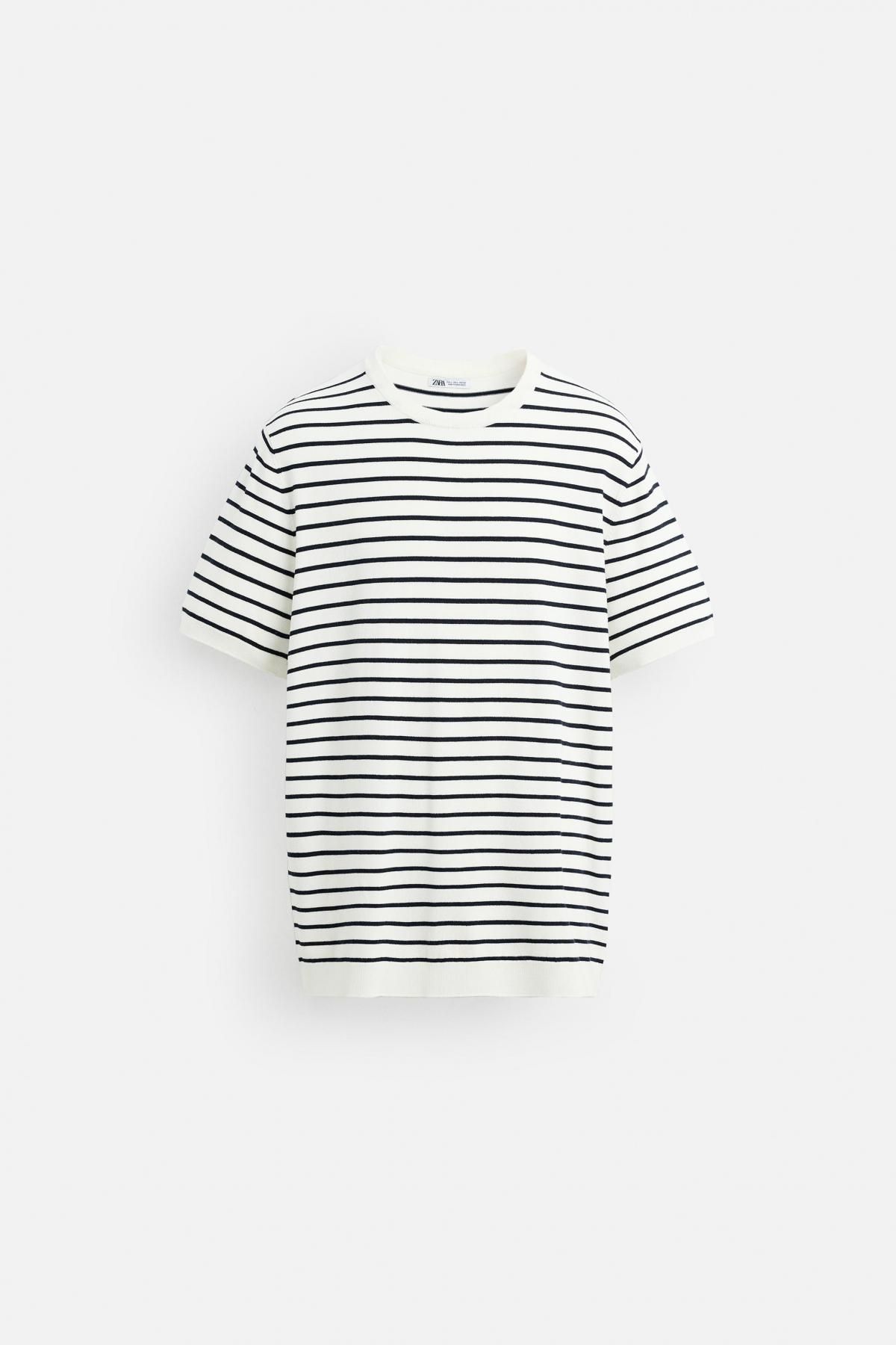자라 미니멀 스트라이프 VISCOSE BLEND 반팔 니트 티셔츠 0304/406 ECRU / BLUE - 메인 이미지