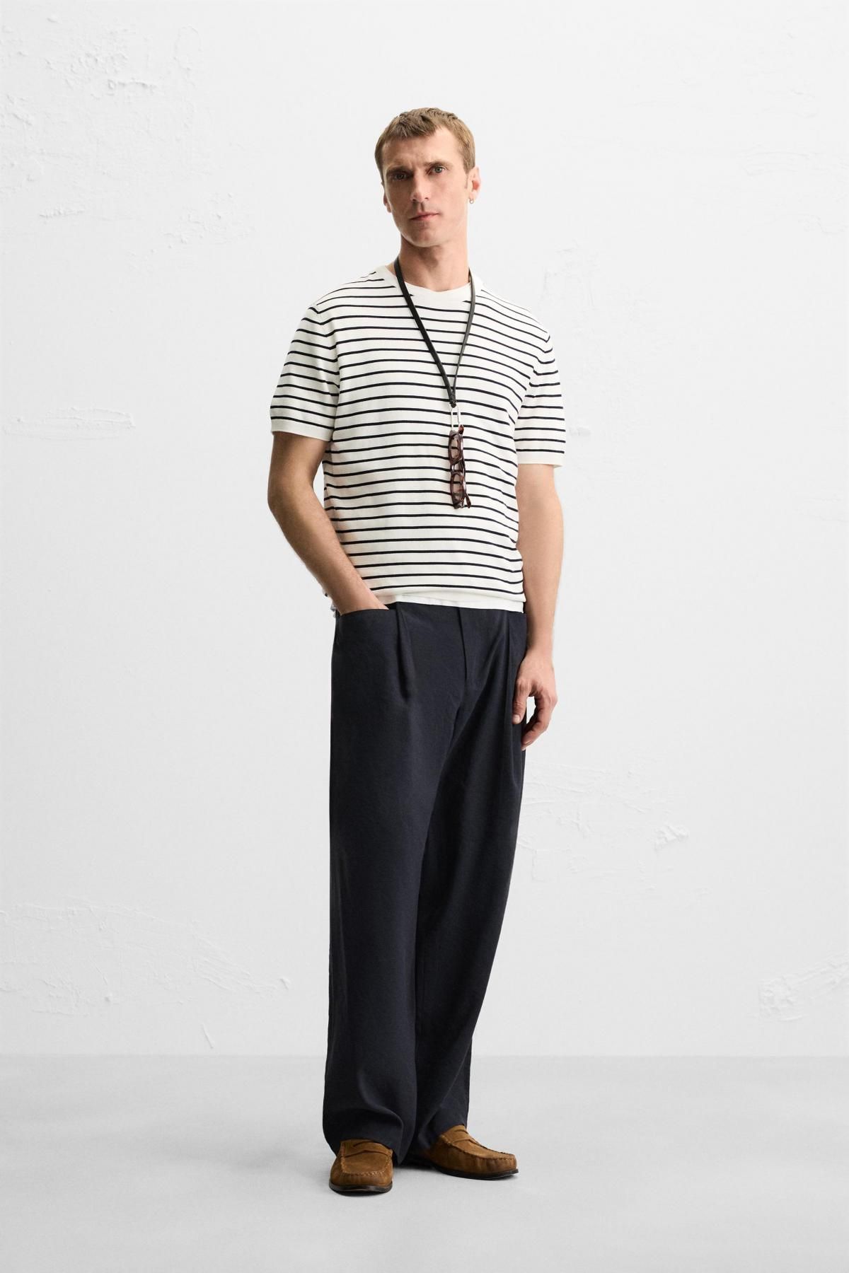 자라 미니멀 스트라이프 VISCOSE BLEND 반팔 니트 티셔츠 0304/406 ECRU / BLUE - 상세 이미지 2