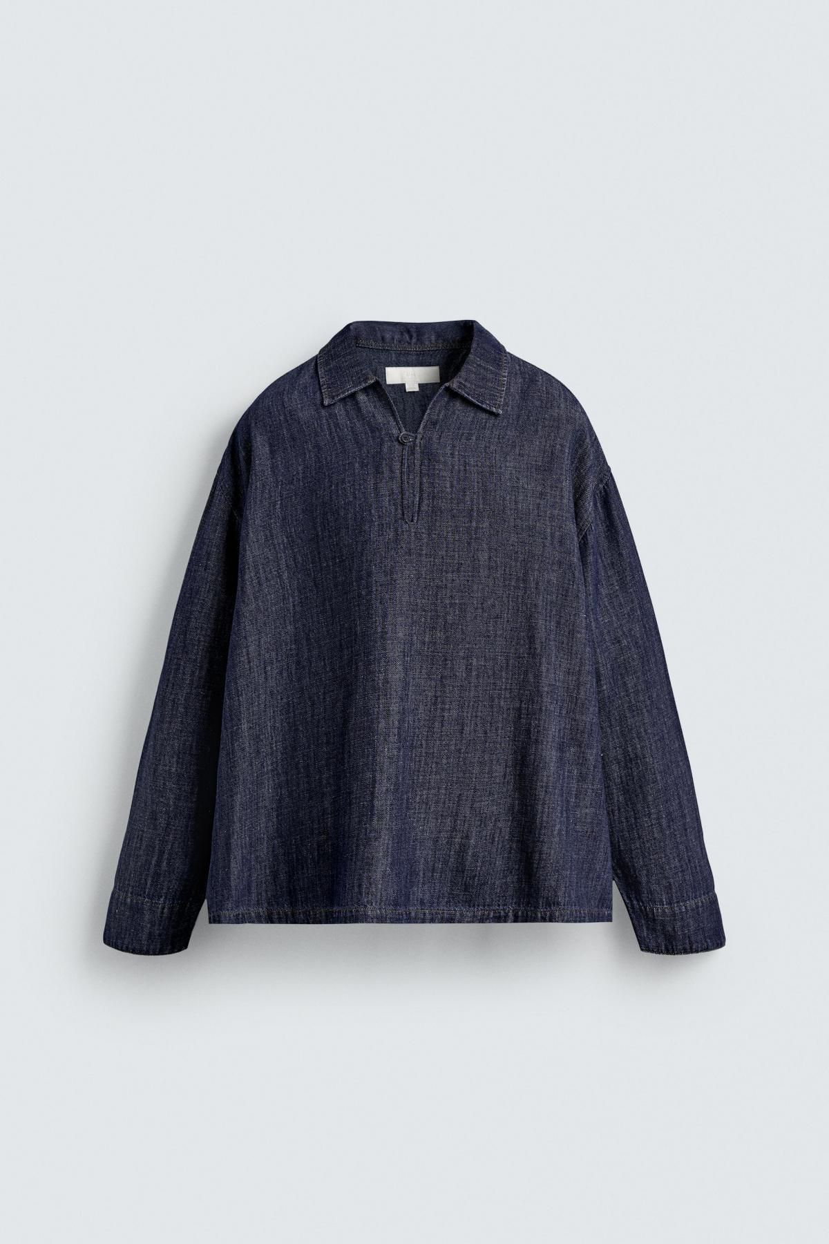 자라 테크니컬 릴렉스핏 데님 코튼 린넨 긴팔 셔츠 1820/315 MID-BLUE - 메인 이미지