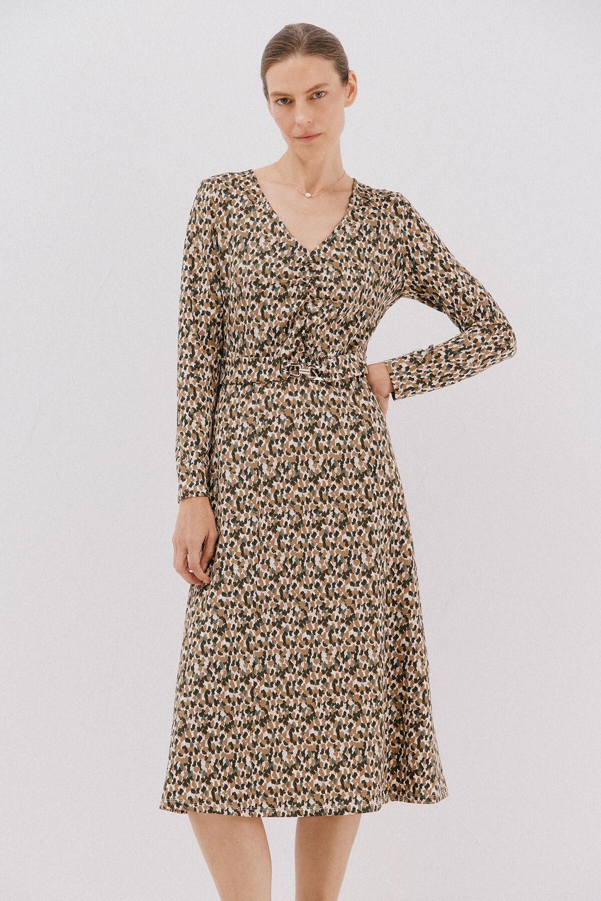 꼬르떼피엘 패턴 브이넥 벨티드 미디 원피스 5202680 ESTAMPADO BEIGE - 상품 이미지