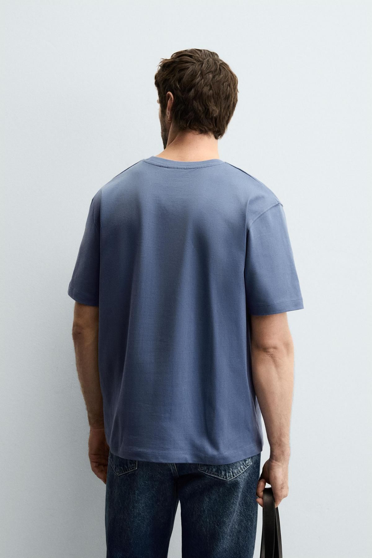 자라 블루 헤비웨이트 컴팩트 코튼 레귤러핏 반팔 티셔츠 0761/323 PETROL BLUE - 상세 이미지 4