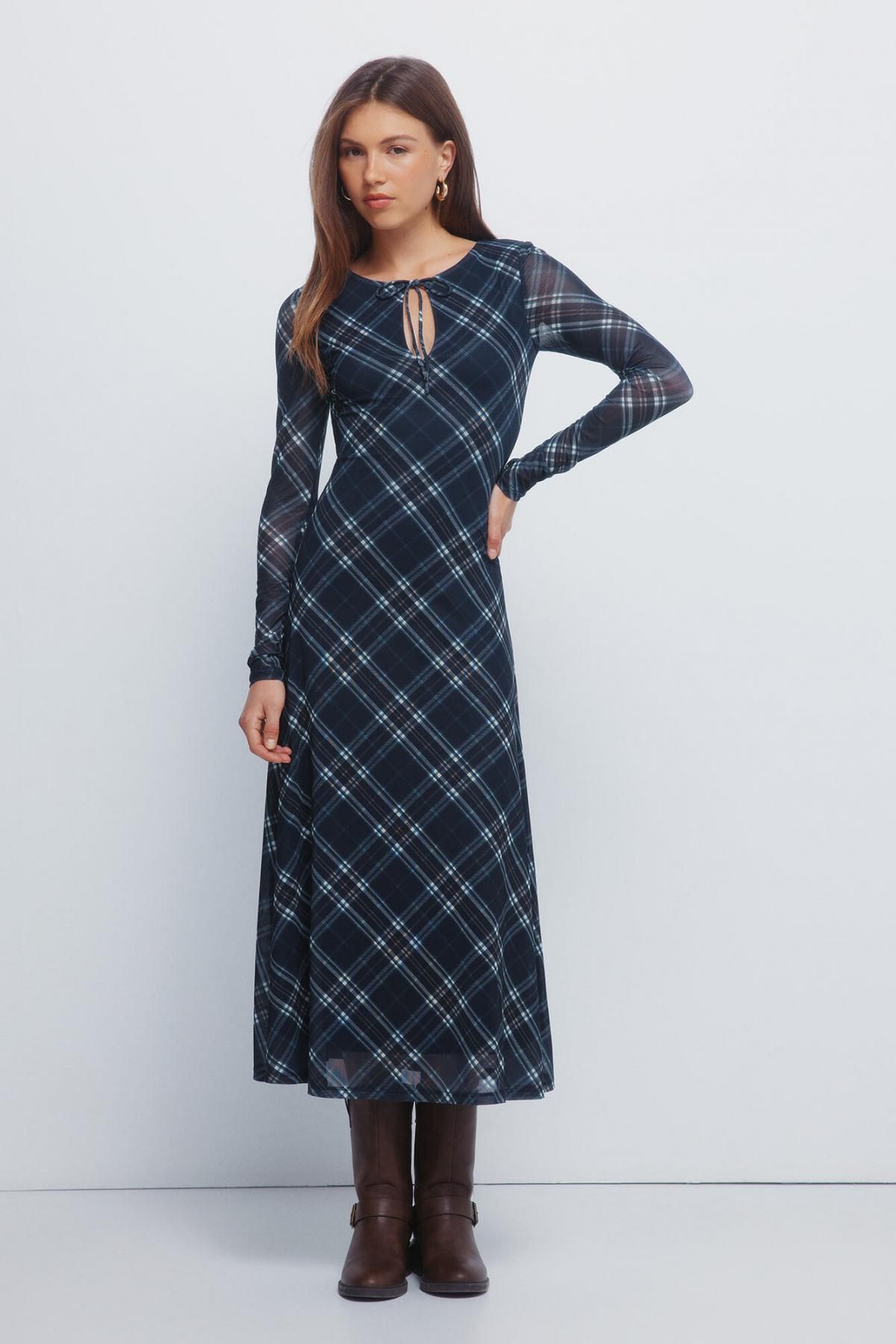스프링필드 체크 패턴 미디 쉬폰 원피스 8952093 AZUL - 상품 이미지