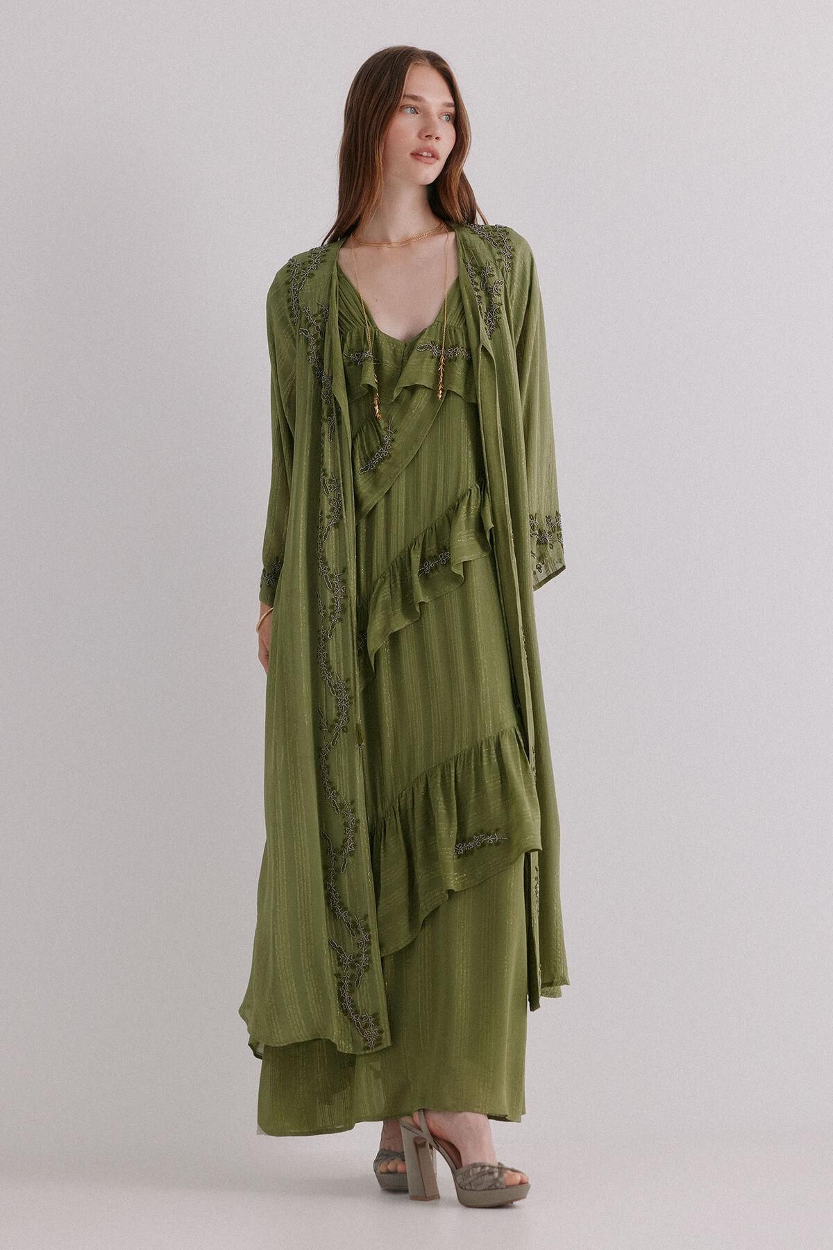 호스 인트로피아 메탈릭 플라워 자수 롱 기모노 가디건 5432680 VERDE - 상품 이미지