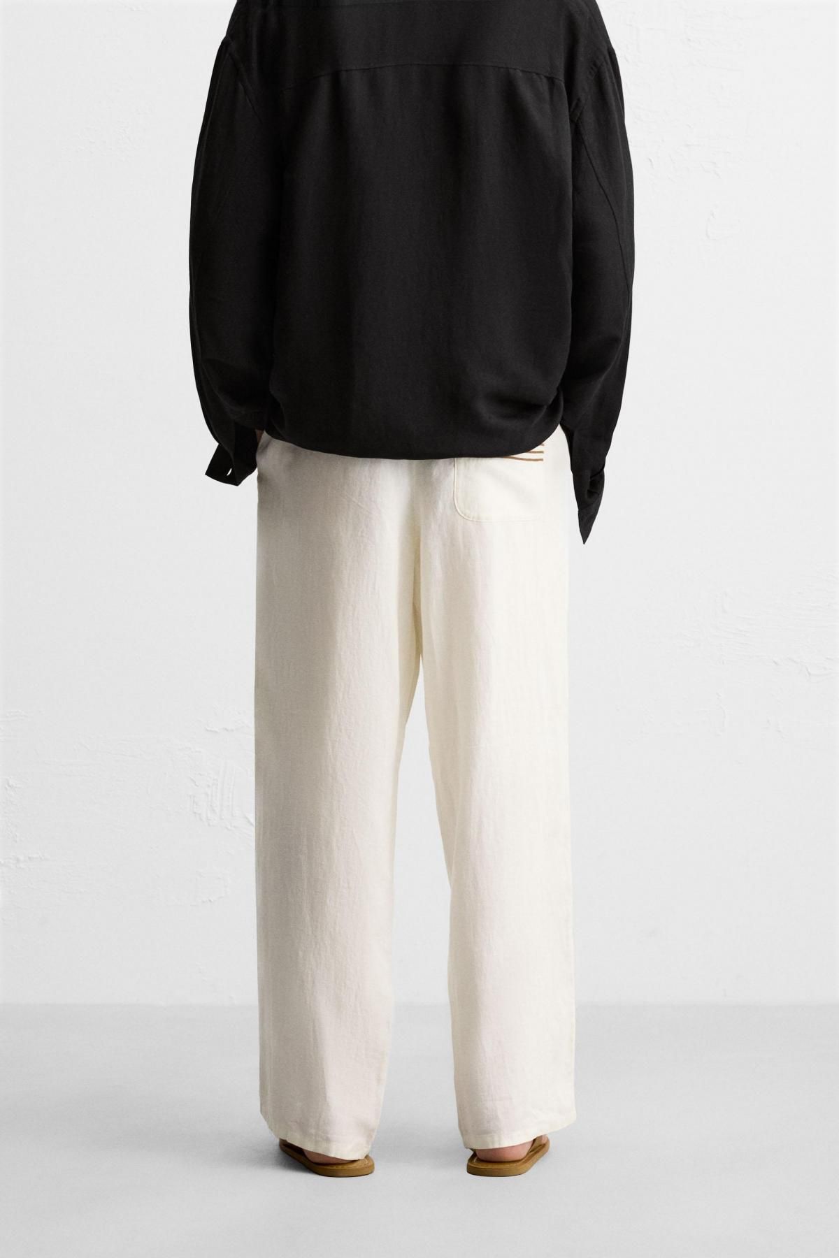 자라 리넨 와이드 자수 밴딩 팬츠 1618/302 OYSTER-WHITE - 상세 이미지 3
