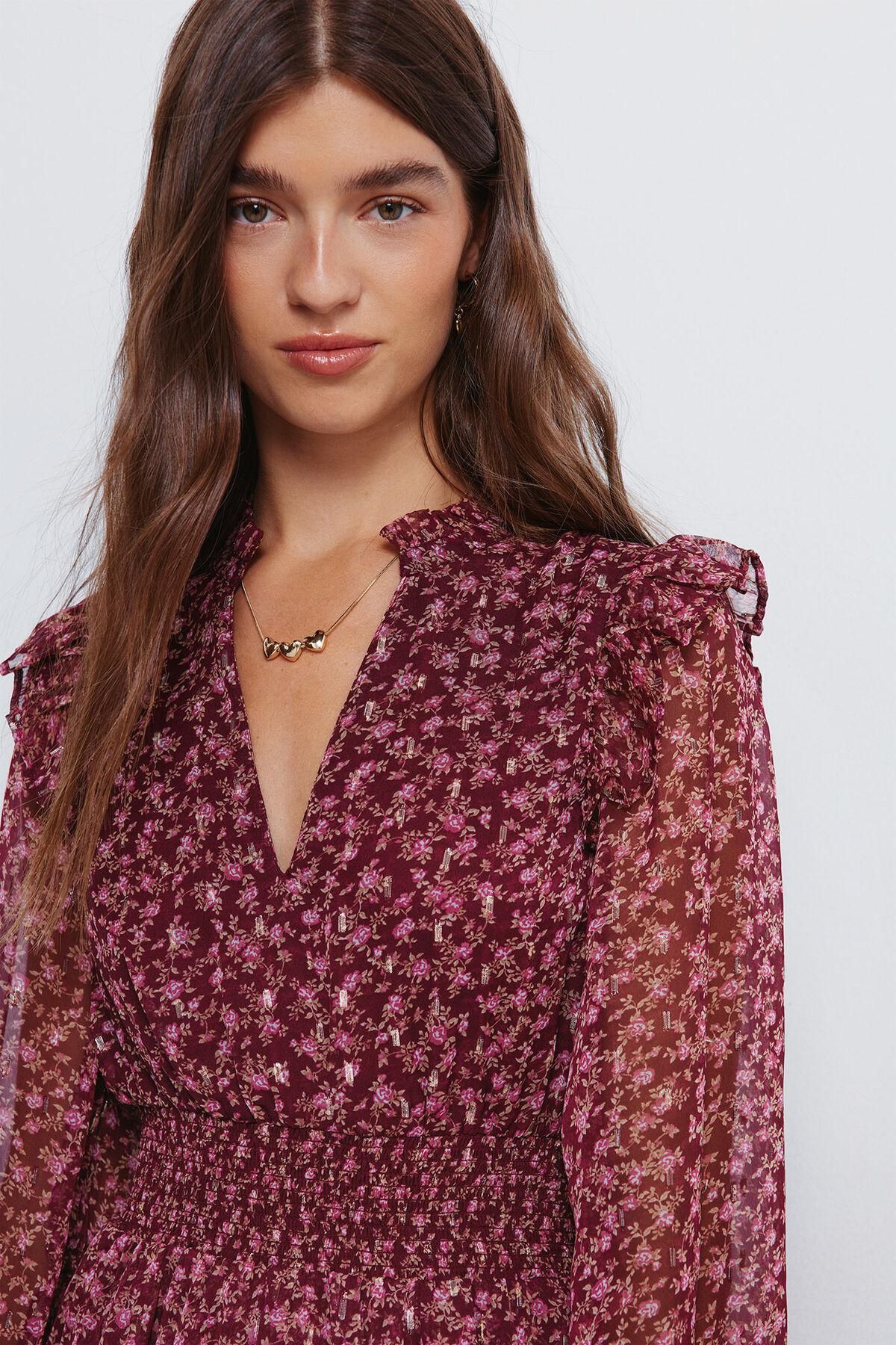 스프링필드 플로럴 러플 브이넥 쉬폰 미니 원피스 7952301 NARANJA - 상세 이미지 3