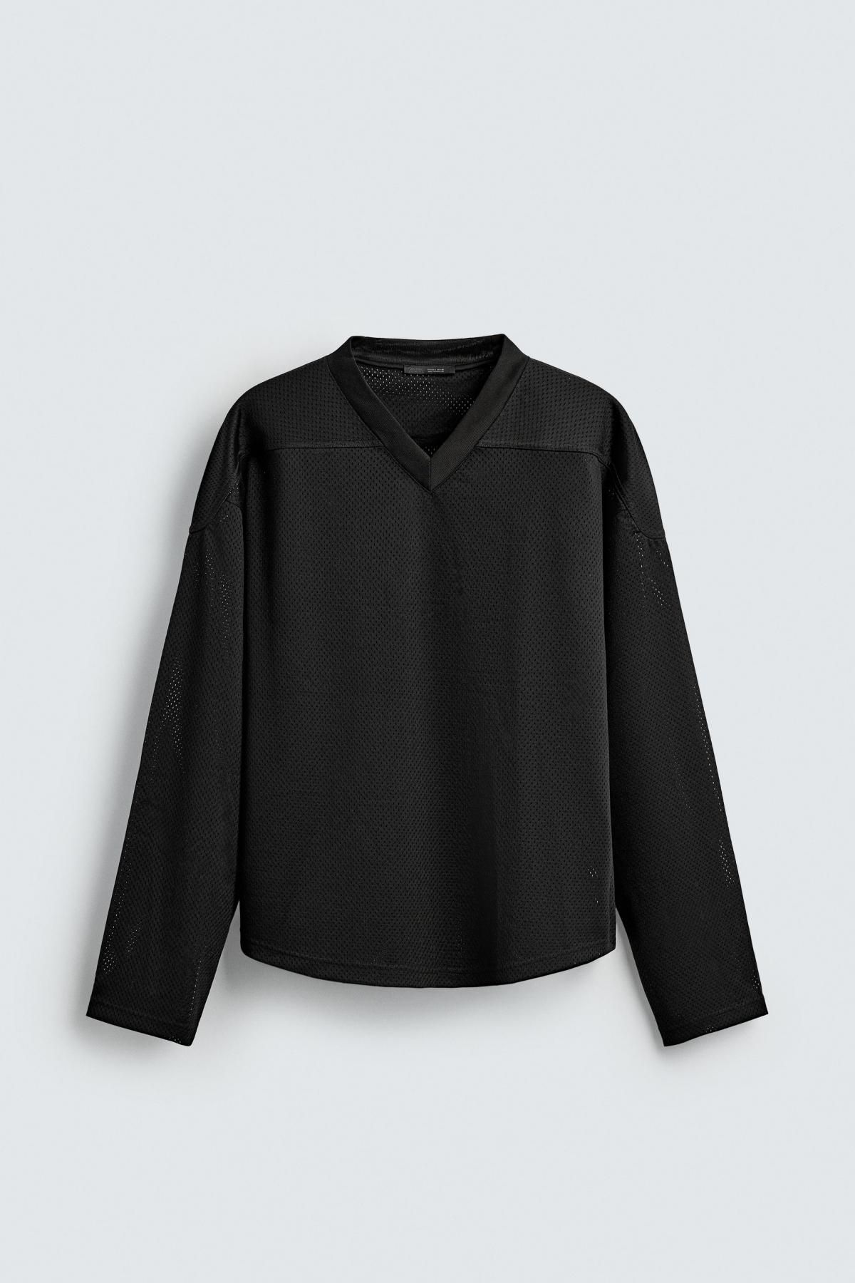 자라 오픈 텍스처 브이넥 긴팔 티셔츠 4393/321 BLACK - 메인 이미지