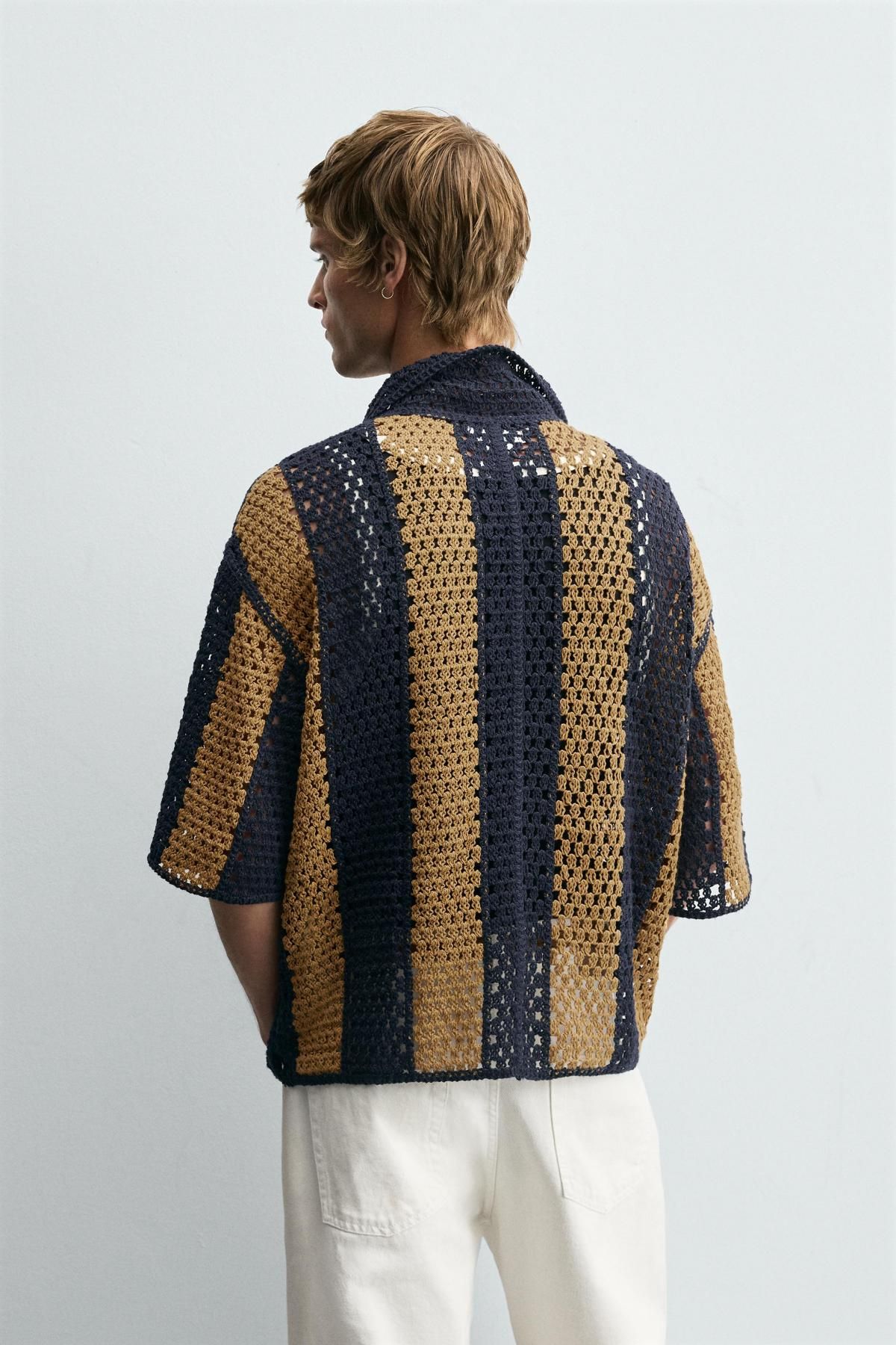 자라 크로셰 테크니컬 스트라이프 반팔 셔츠 7200/222 NAVY BLUE - 상세 이미지 4