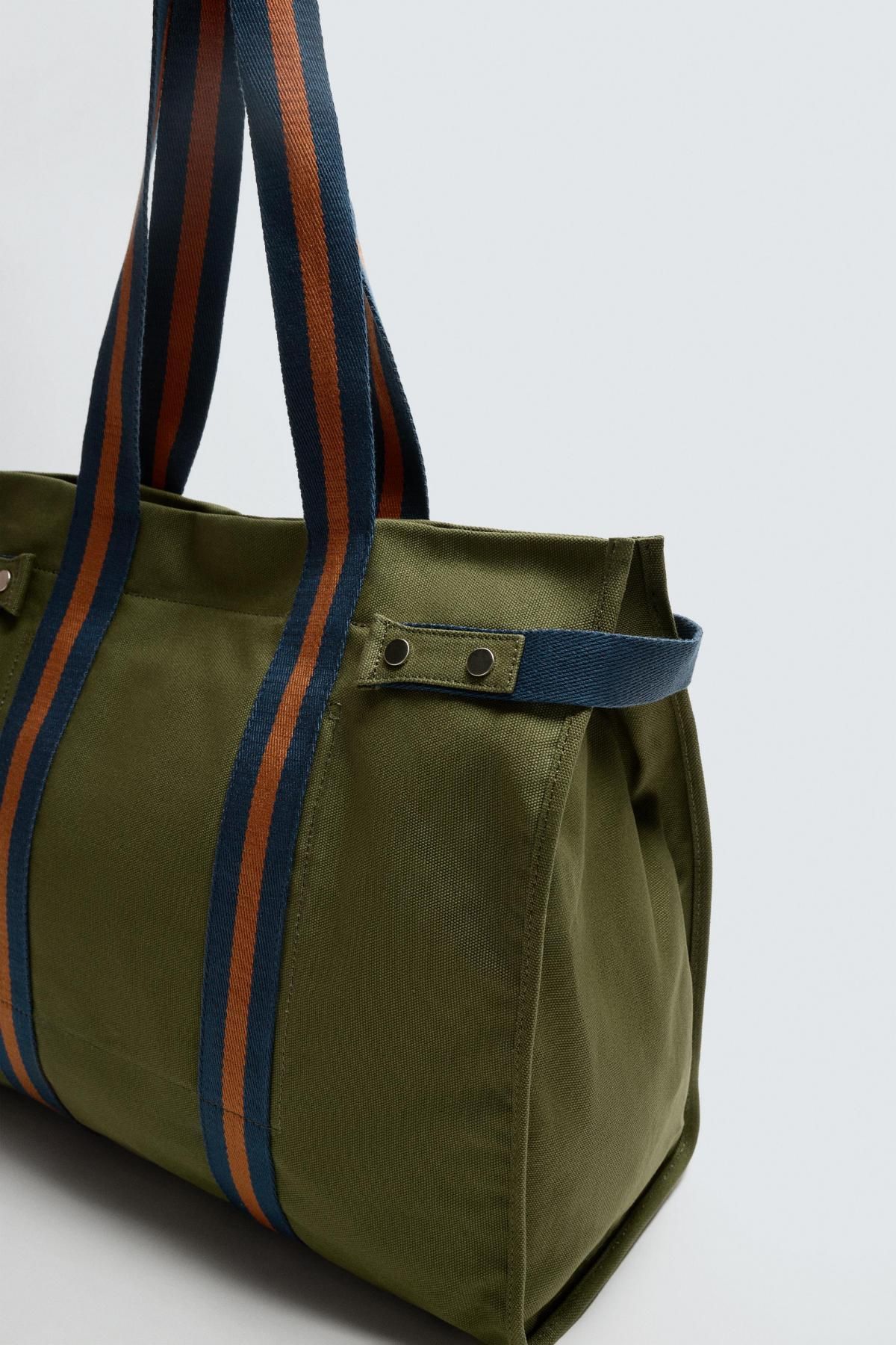자라 캔버스 스트라이프 에코백 라지 숄더 토트백 3326/620 KHAKI GREEN - 상세 이미지 3