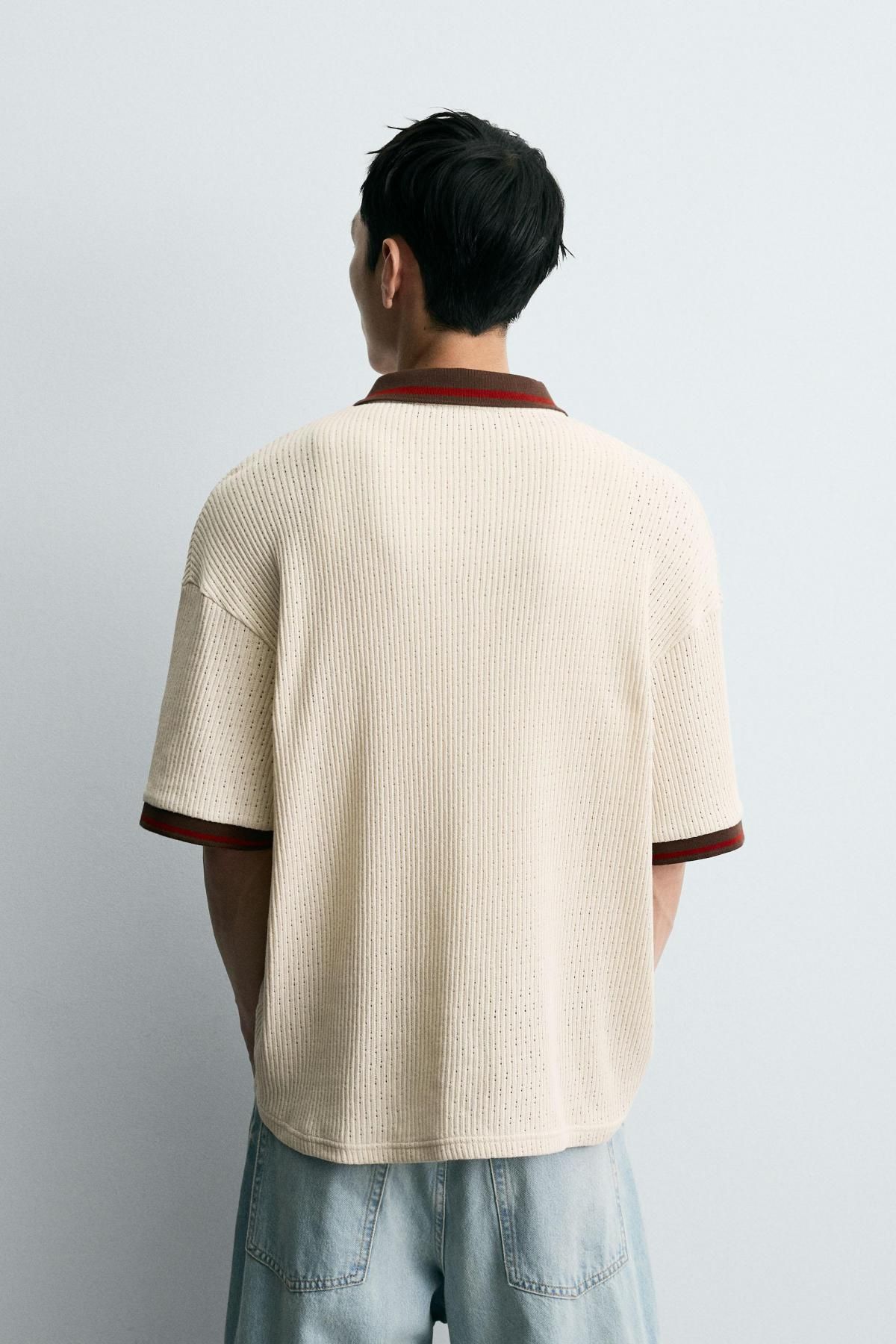 자라 레트로 텍스처 오픈니트 반팔 폴로셔츠 4087/334 OYSTER-WHITE - 상세 이미지 4