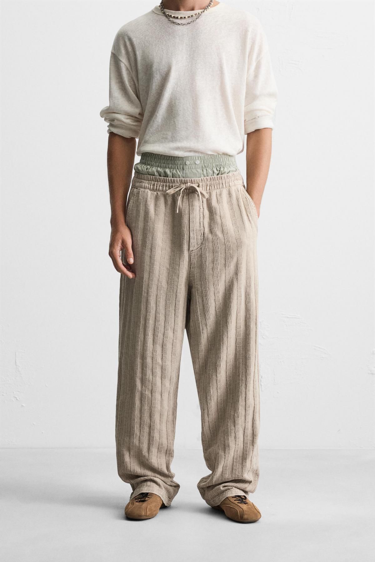 자라 와이드 릴랙스핏 자카드 밴딩 팬츠 1538/302 CAMEL - 상품 이미지