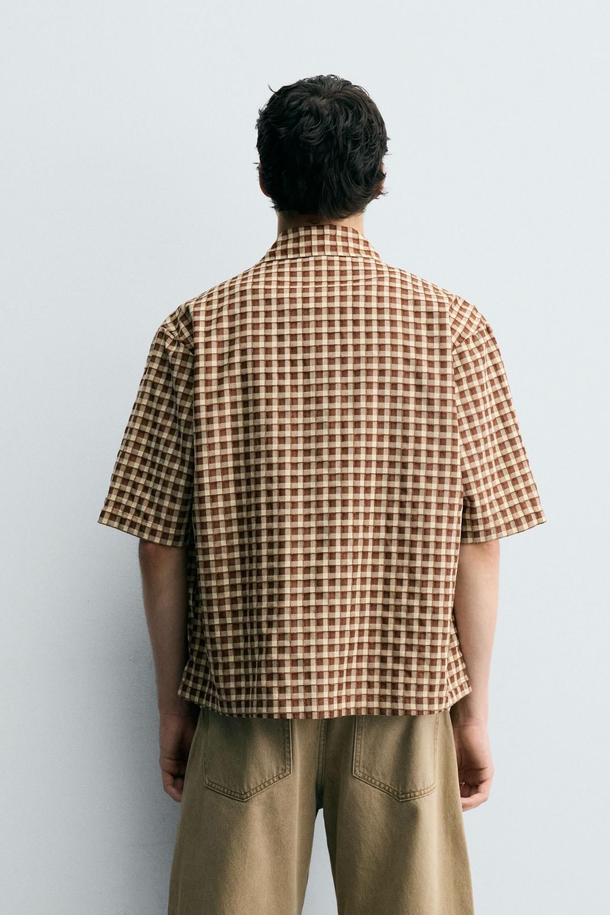 자라 체크 텍스처 오버핏 반팔 셔츠 1195/350 ECRU / BROWN - 상세 이미지 4