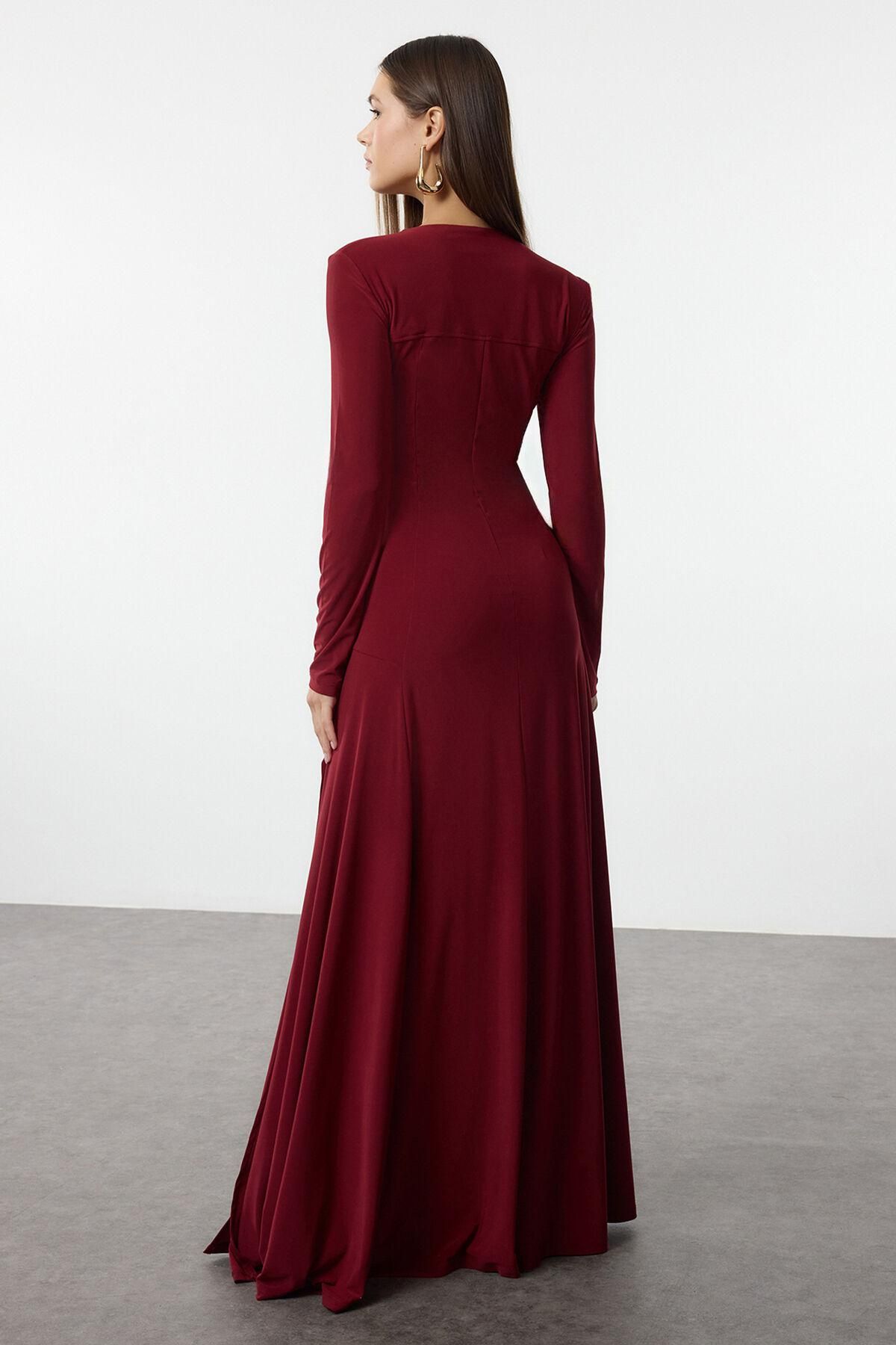 트렌디올 딥레드 브이넥 롱 원피스 9122161 BURDEOS - 상세 이미지 3