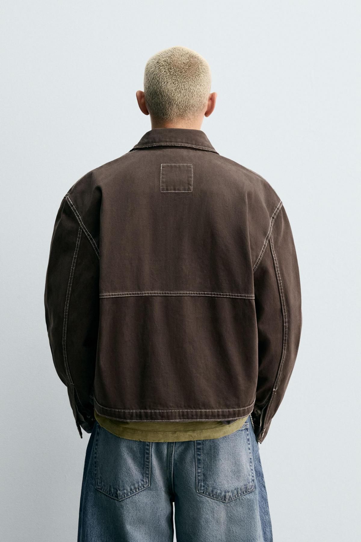 자라 크롭 코튼 스티치 집업 재킷 6987/393 BROWN - 상세 이미지 4