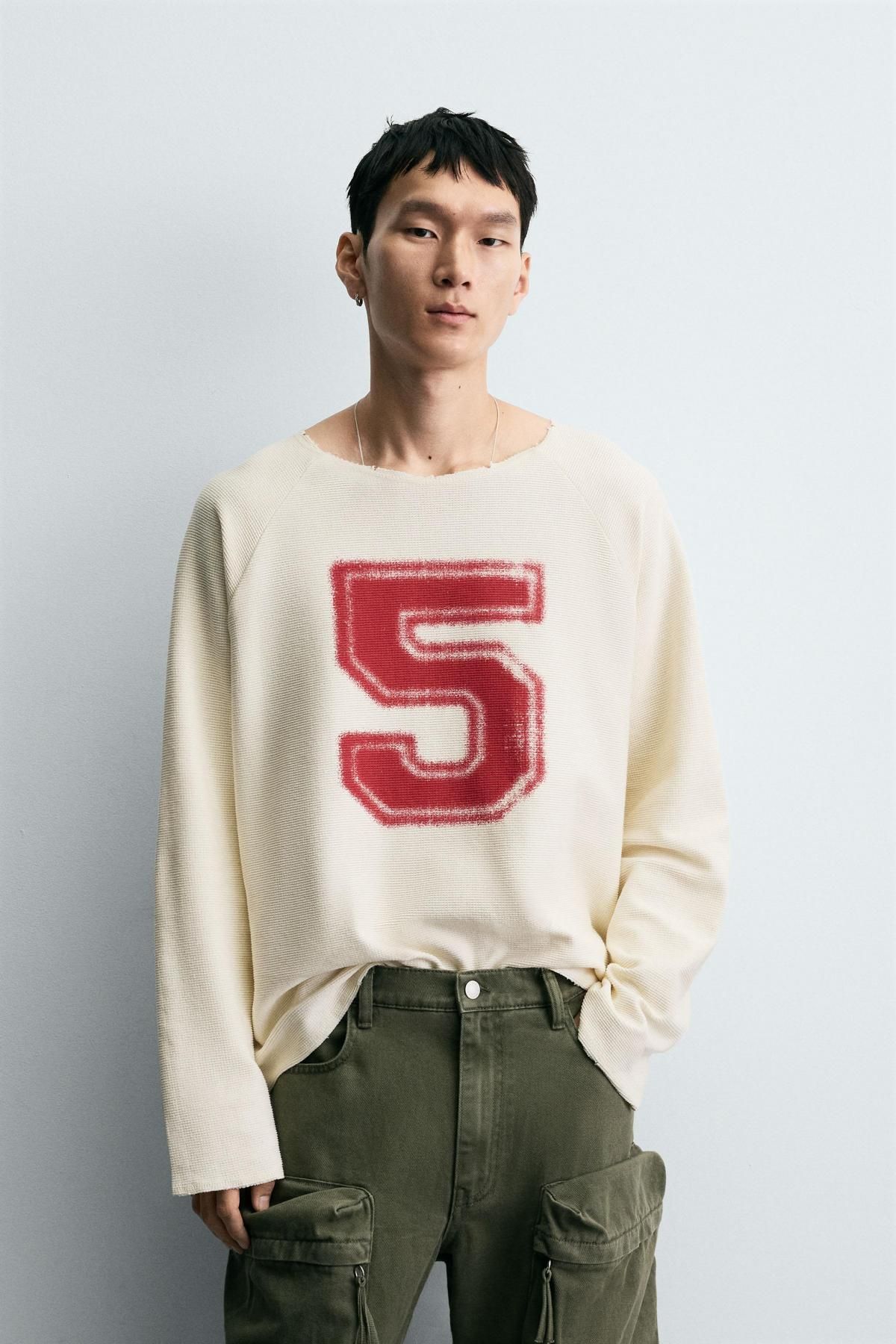 자라 오버핏 와플니트 프린트 체크 긴팔 티셔츠 5644/343 OYSTER-WHITE - 상세 이미지 3