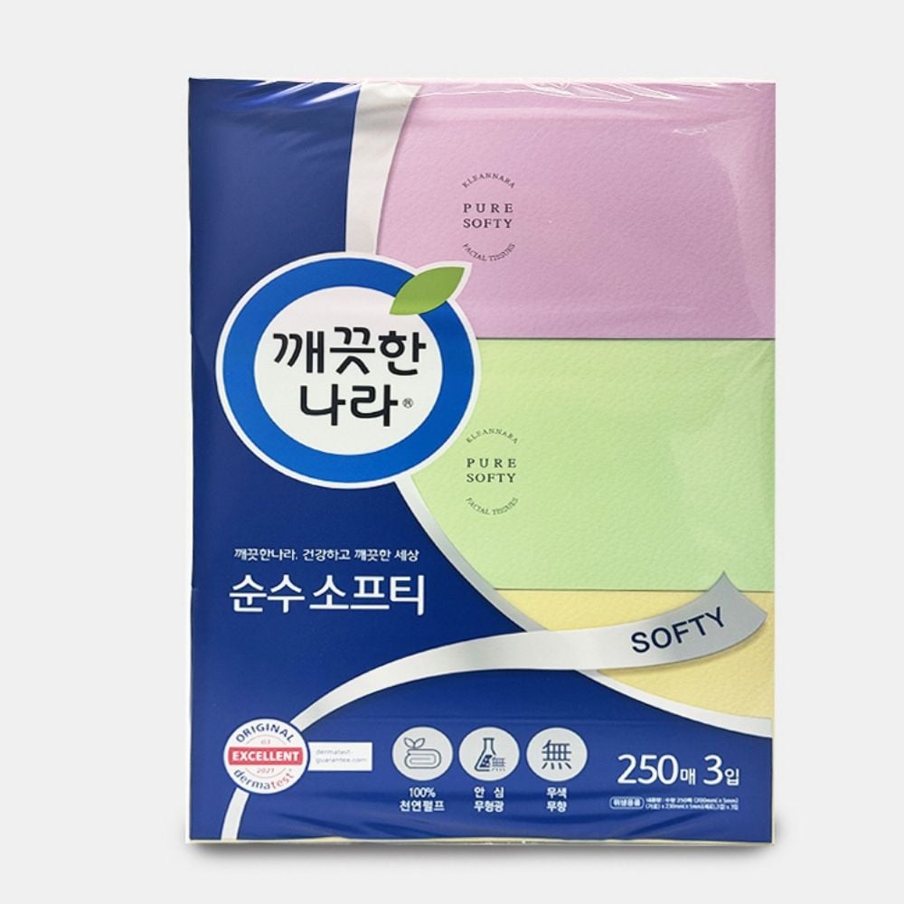 천연펄프 무형광 순수 깨끗 미용 각티슈 250매 3곽 250매-3곽 - 메인 이미지