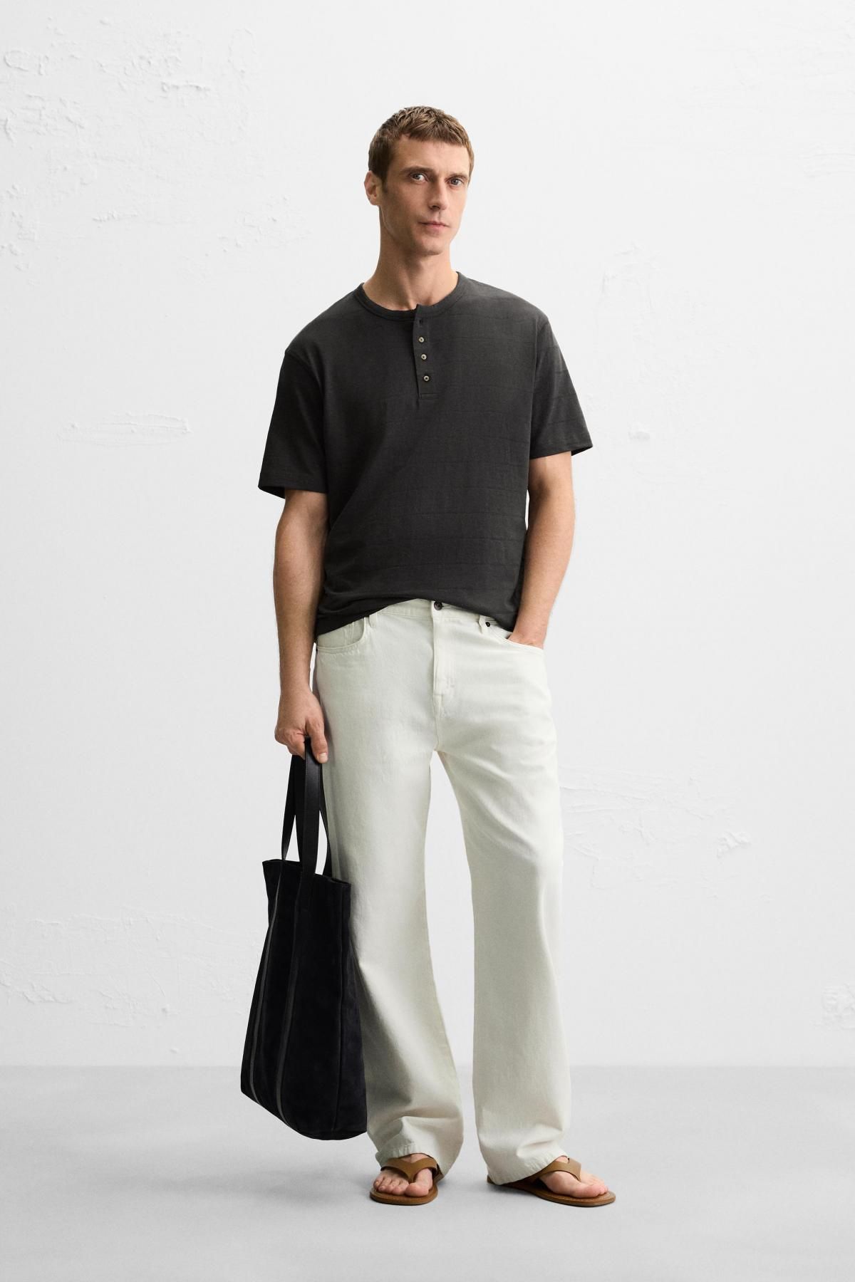 자라 스트라이프 버튼넥 레귤러핏 코튼 반팔 티셔츠 9240/301 KHAKI - 상세 이미지 2