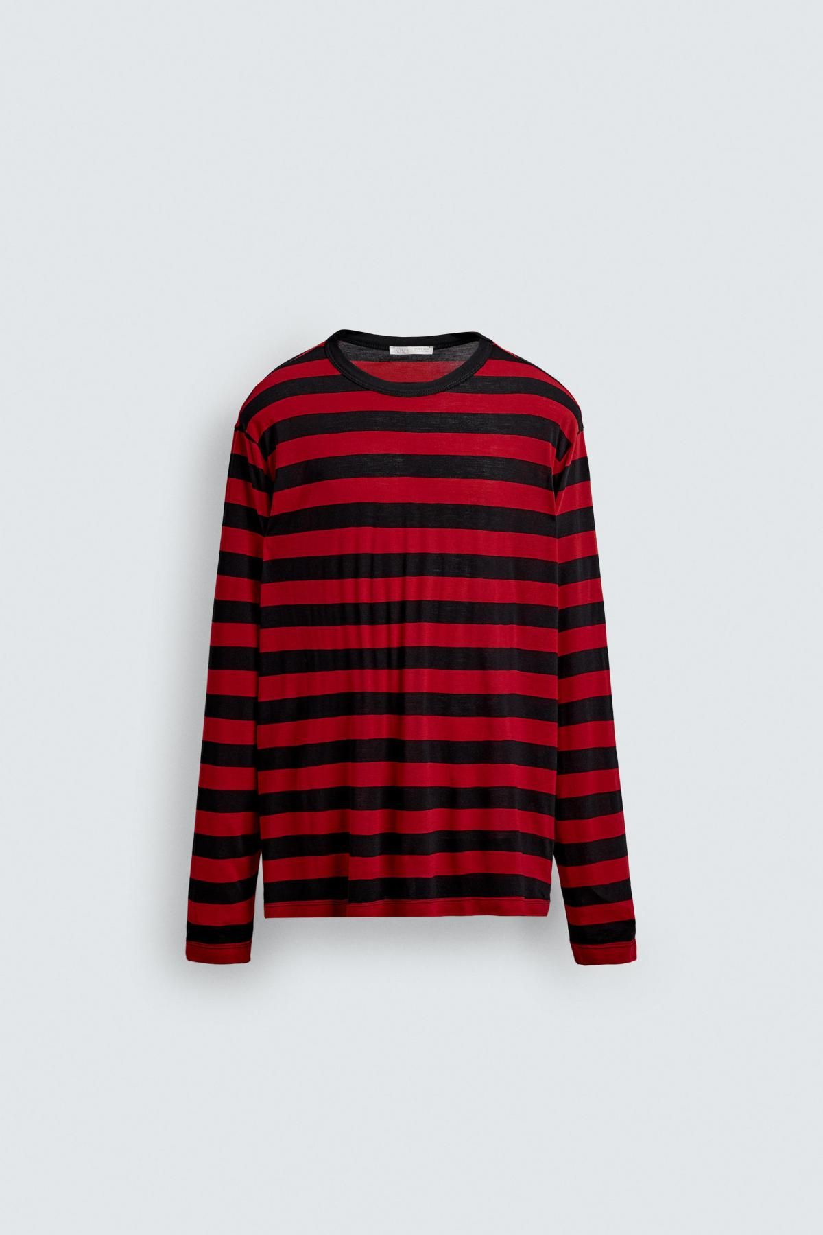 자라 스트라이프 릴렉스핏 라운드넥 긴팔 티셔츠 0722/344 RED - 메인 이미지