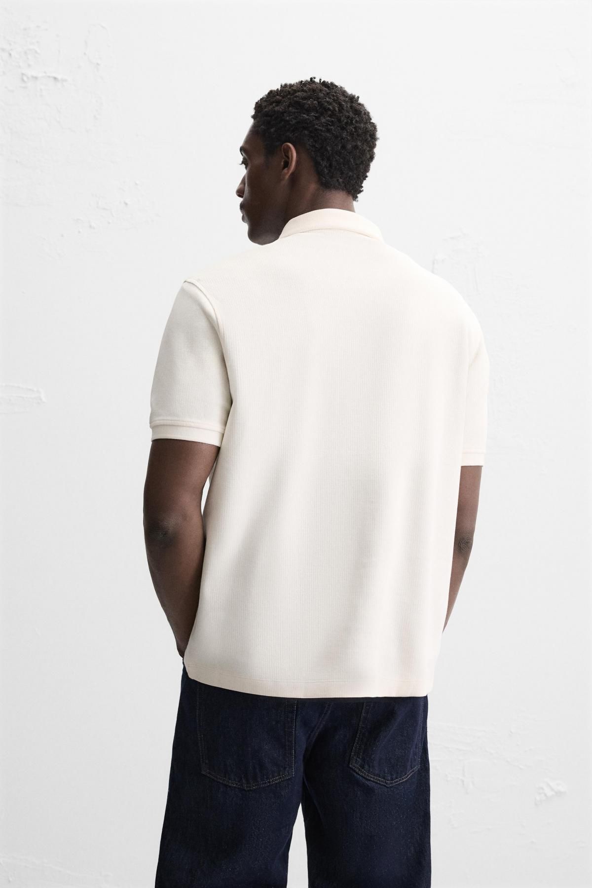 자라 텍스처 아이보리 반팔 폴로 셔츠 4092/400 OYSTER-WHITE - 상세 이미지 4