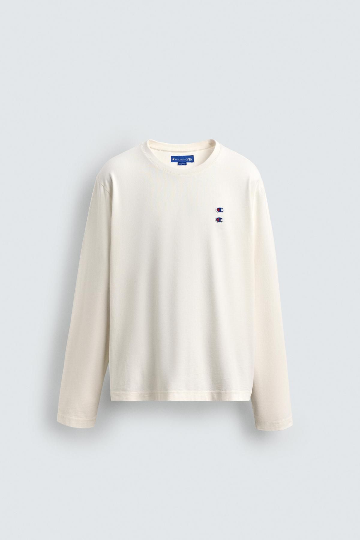 자라 라운드넥 코튼 긴팔 티셔츠 X 챔피온 4087/376 OYSTER-WHITE - 메인 이미지