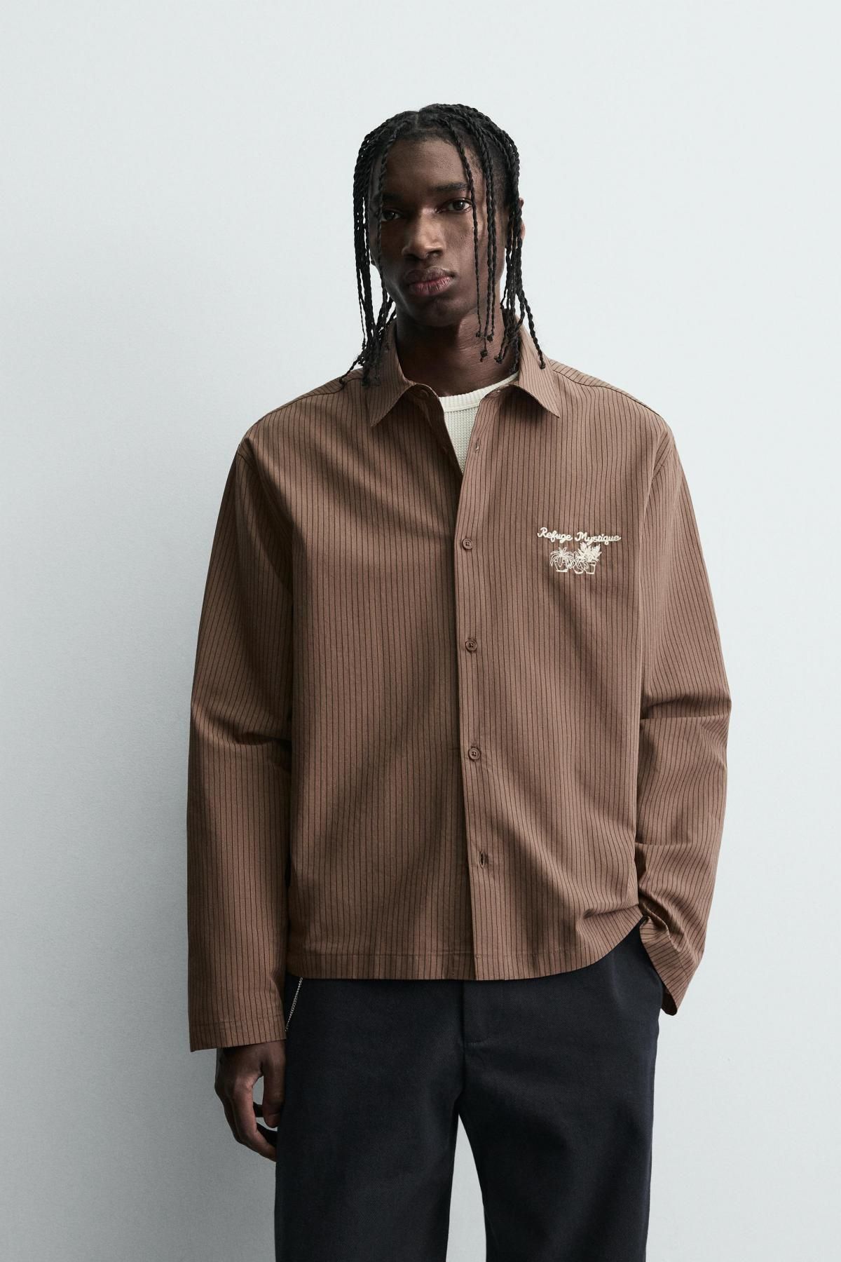 자라 그래픽 스트라이프 긴팔 코튼 셔츠 브라운 레귤러핏 6085/315 LIGHT BROWN - 상세 이미지 3