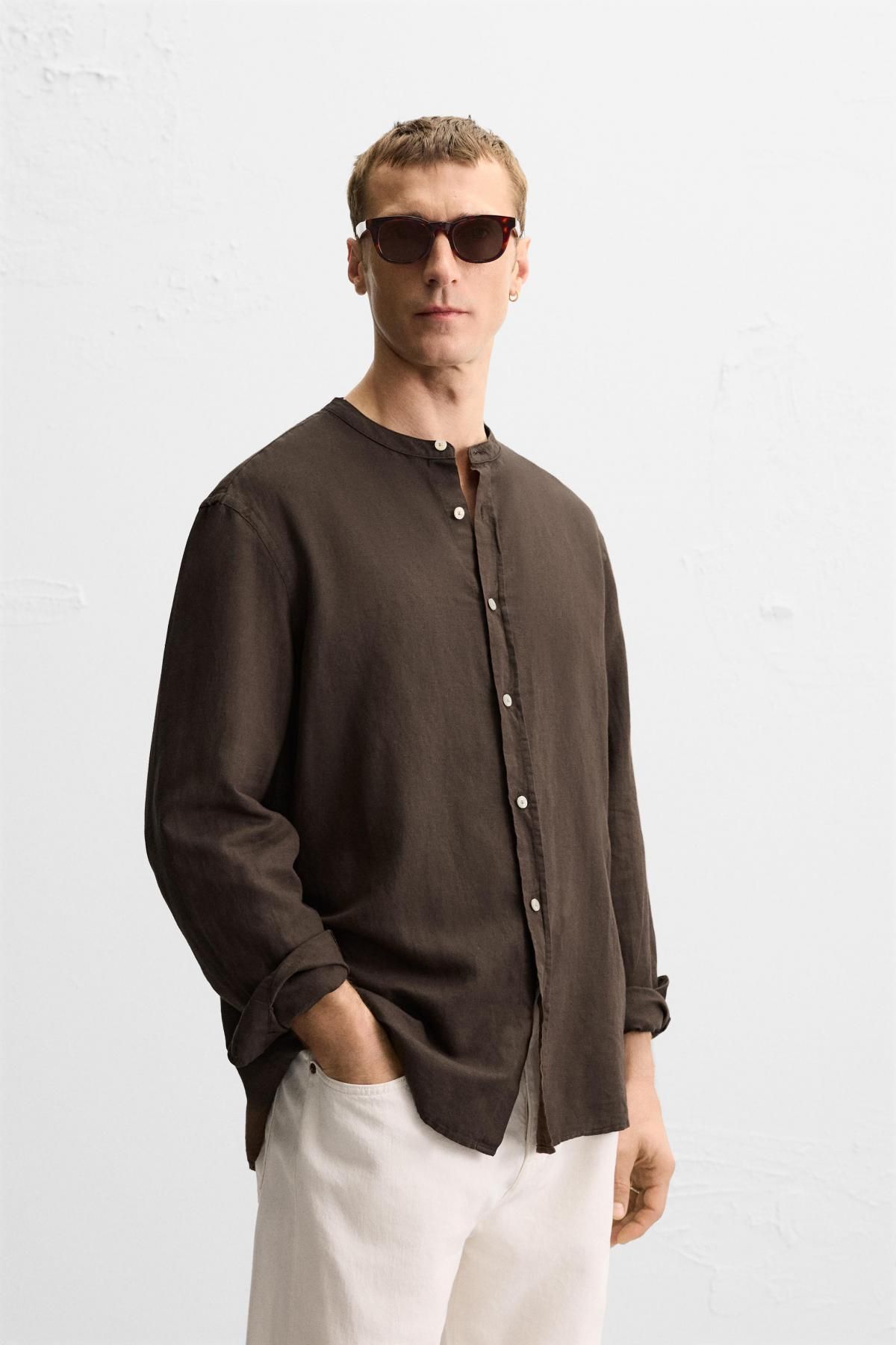 자라 리넨코튼 스탠드카라 긴팔 셔츠 1063/306 BROWN - 상세 이미지 3