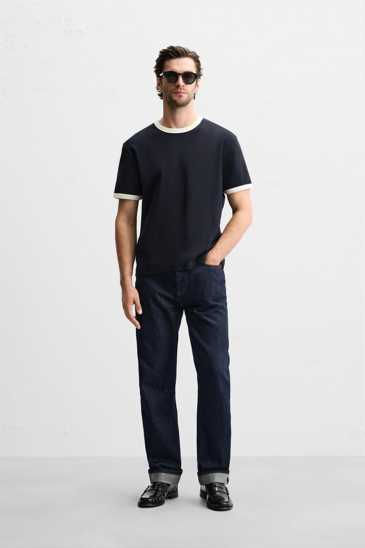 자라 베이직 배색 골지 티셔츠 0761/412 NAVY BLUE - 상세 이미지 2