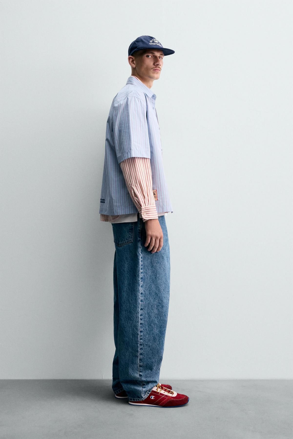 자라 스트라이프 오버핏 반팔 셔츠 X 챔피온 6085/323 BLUE - 상세 이미지 5
