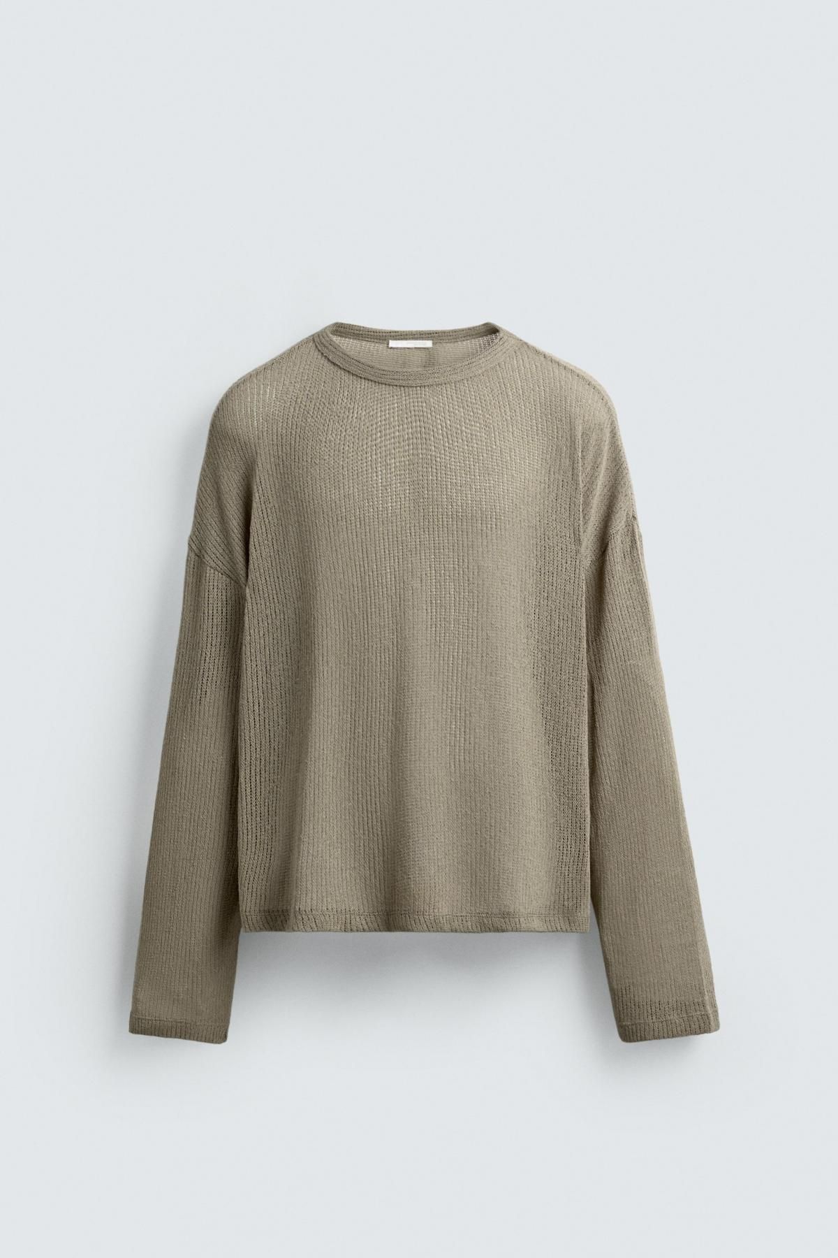 자라 오픈워크 텍스처 라운드넥 긴팔 티셔츠 3992/305 BROWN / TAUPE - 메인 이미지