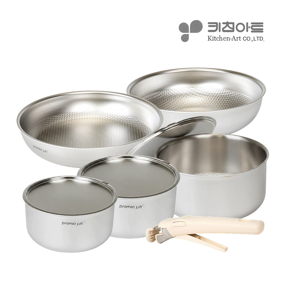 연마제 사용안한 냄비 프라이팬 세트 키친아트 스테인리스 316 탈부착 무연마제 통5중 5종, 냄비18+20+24+프28+궁중26, 1세트 - 메인 이미지