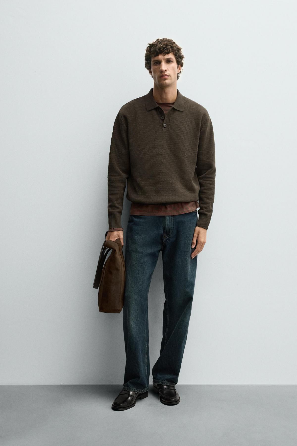 자라 브라운 셔닐 니트 긴팔 폴로 셔츠 4938/300 DARK KHAKI - 상세 이미지 2