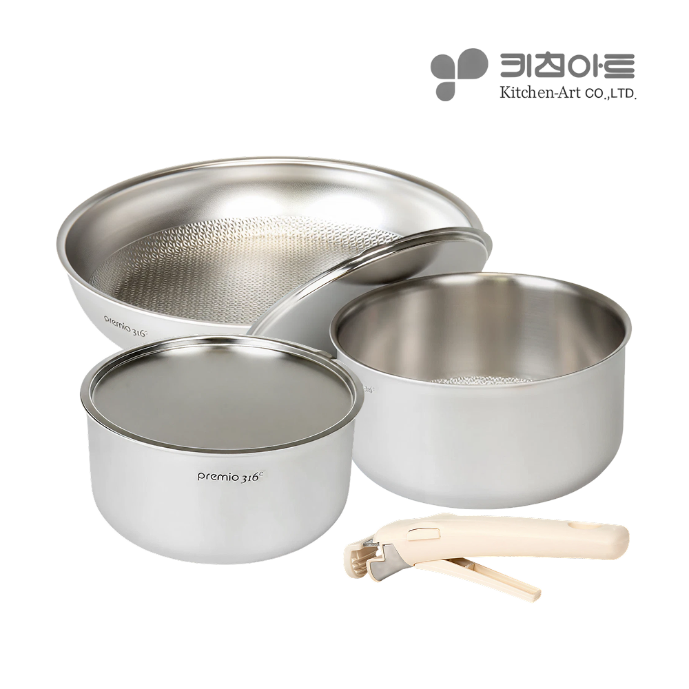 연마제 사용안한 냄비 프라이팬 세트 키친아트 스테인리스 316 탈부착 무연마제 통5중 3종, 냄비 18+24+프라이팬 28, 1세트 - 상품 이미지