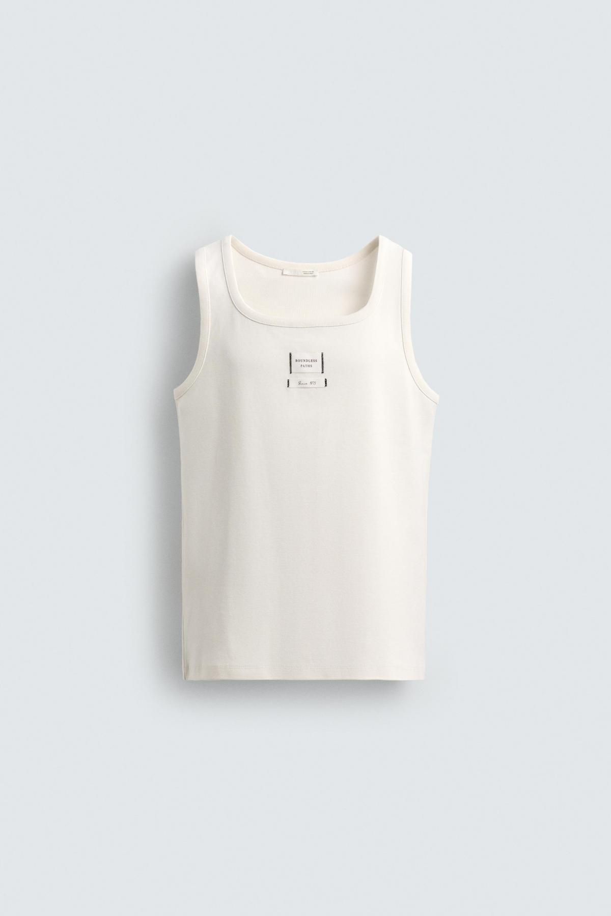 자라 슬림핏 라운드넥 민소매 테크니컬 라벨 탱크 티셔츠 5584/346 LIGHT BEIGE - 메인 이미지