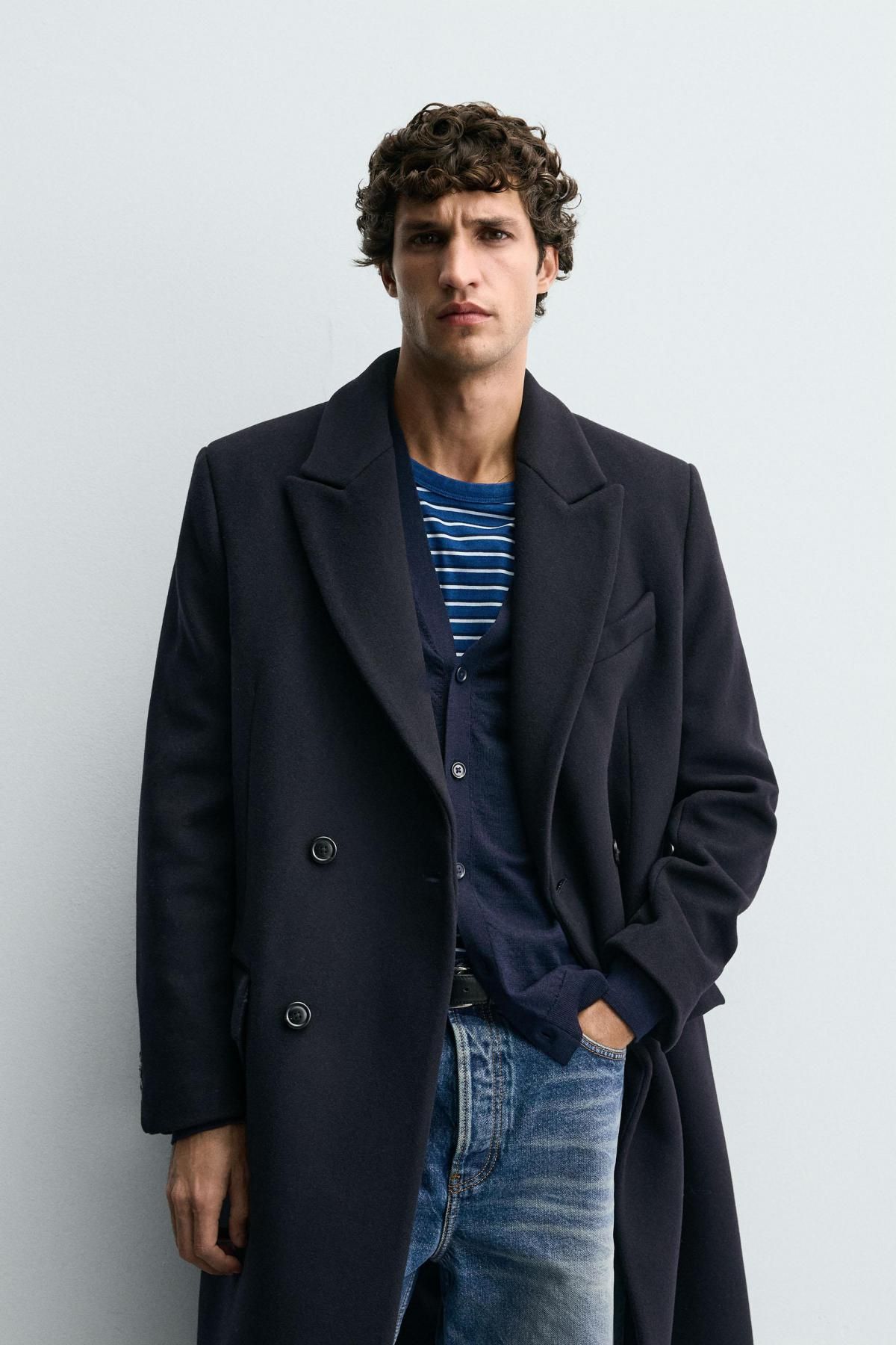 자라 만테코 울 블렌드 더블브레스트 롱 코트 5958/523 NAVY BLUE - 상세 이미지 3