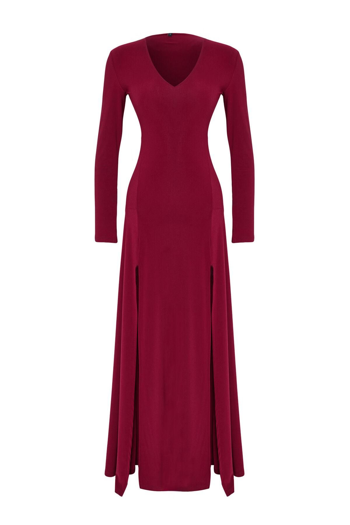 트렌디올 딥레드 브이넥 롱 원피스 9122161 BURDEOS - 상세 이미지 5