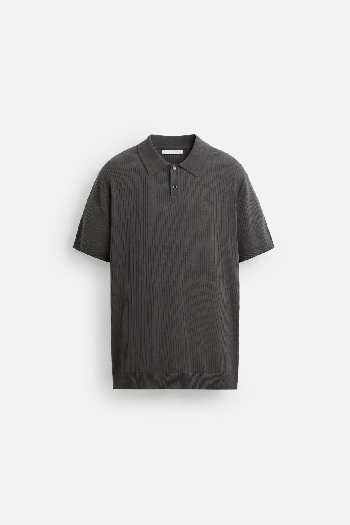 자라 미니멀 다크그레이 코튼 골지 니트 폴로셔츠 2142/420 ANTHRACITE GREY - 상품 이미지
