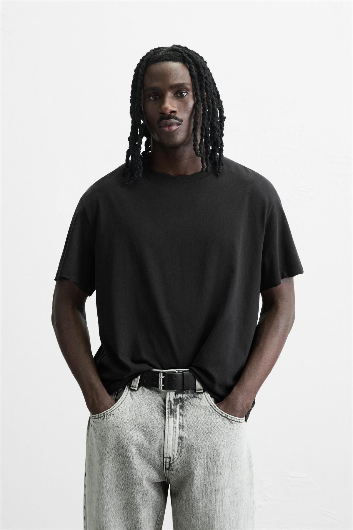 자라 블랙 코튼 불규칙 텍스처 반팔 티셔츠 5644/328 BLACK - 상세 이미지 3
