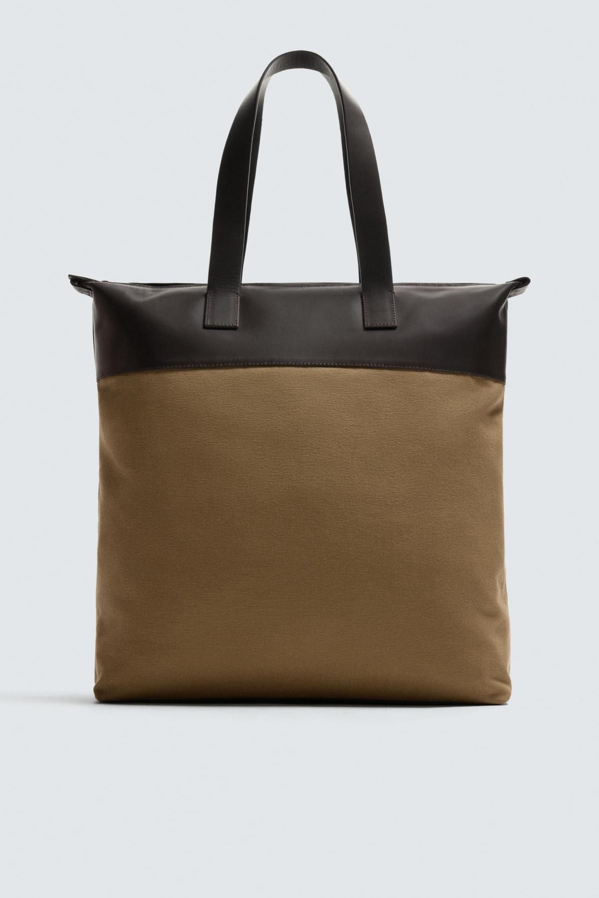자라 베이직 레더 디테일 캔버스 토트백 3345/620 BEIGE - 상품 이미지