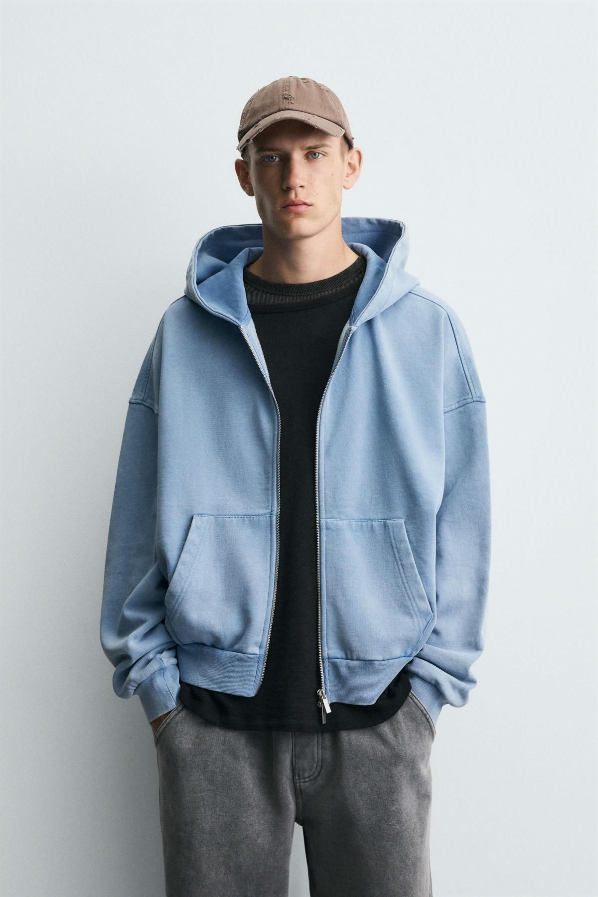 자라 워시드 코튼 집업 후드 스웨트셔츠 3443/334 LIGHT BLUE - 상세 이미지 3