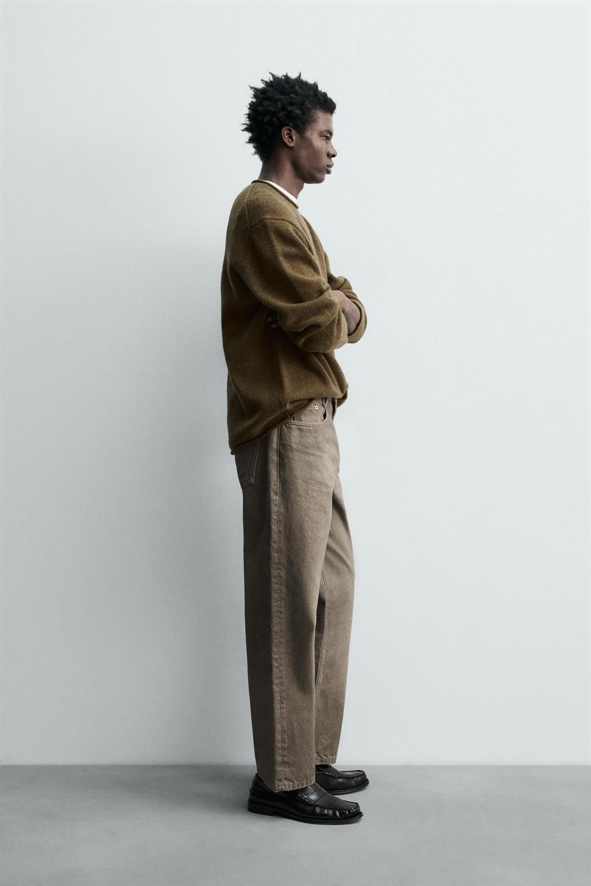 자라 프리미엄 울 라운드넥 스웨터 브라운 롤드엣지 2893/349 OLIVE GREEN - 상세 이미지 5