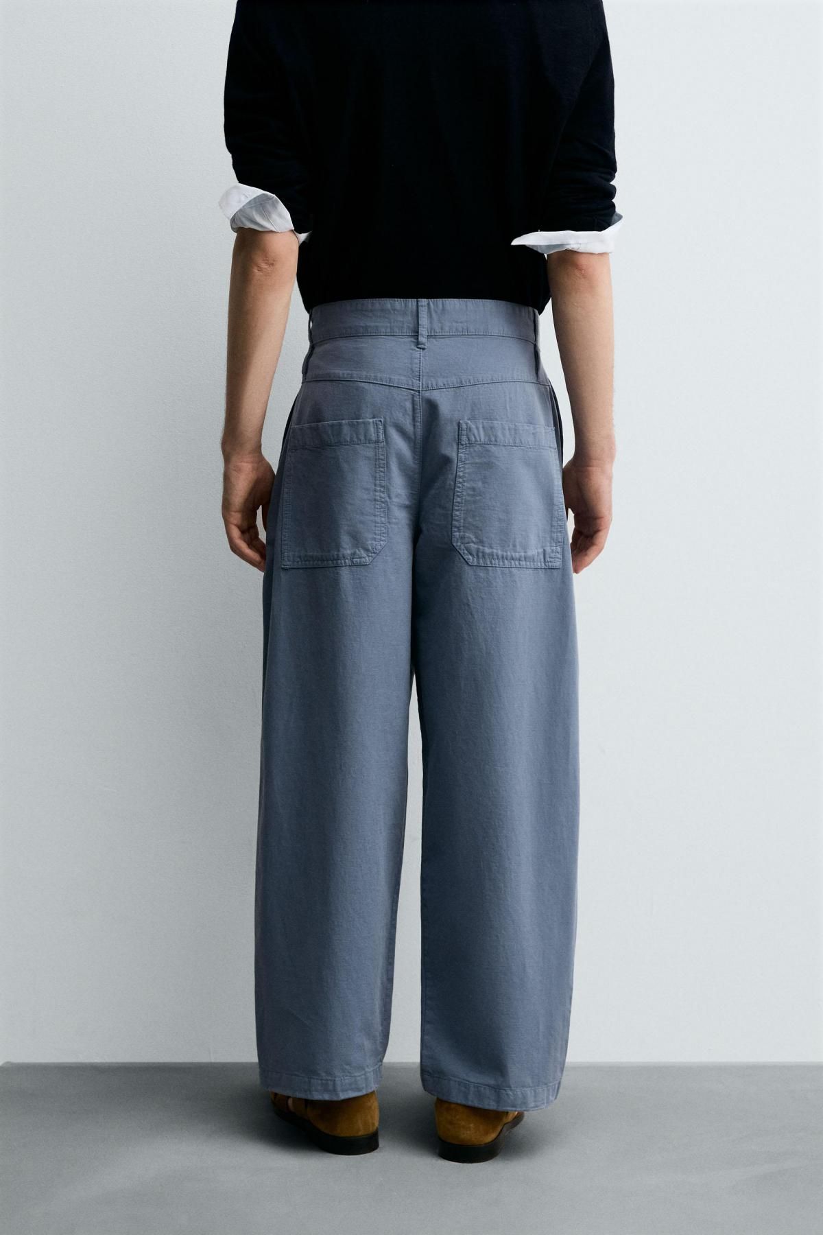 자라 테크니컬 와이드 배기핏 코튼 린넨 플리츠 팬츠 6861/966 GREY / BLUE - 상세 이미지 3