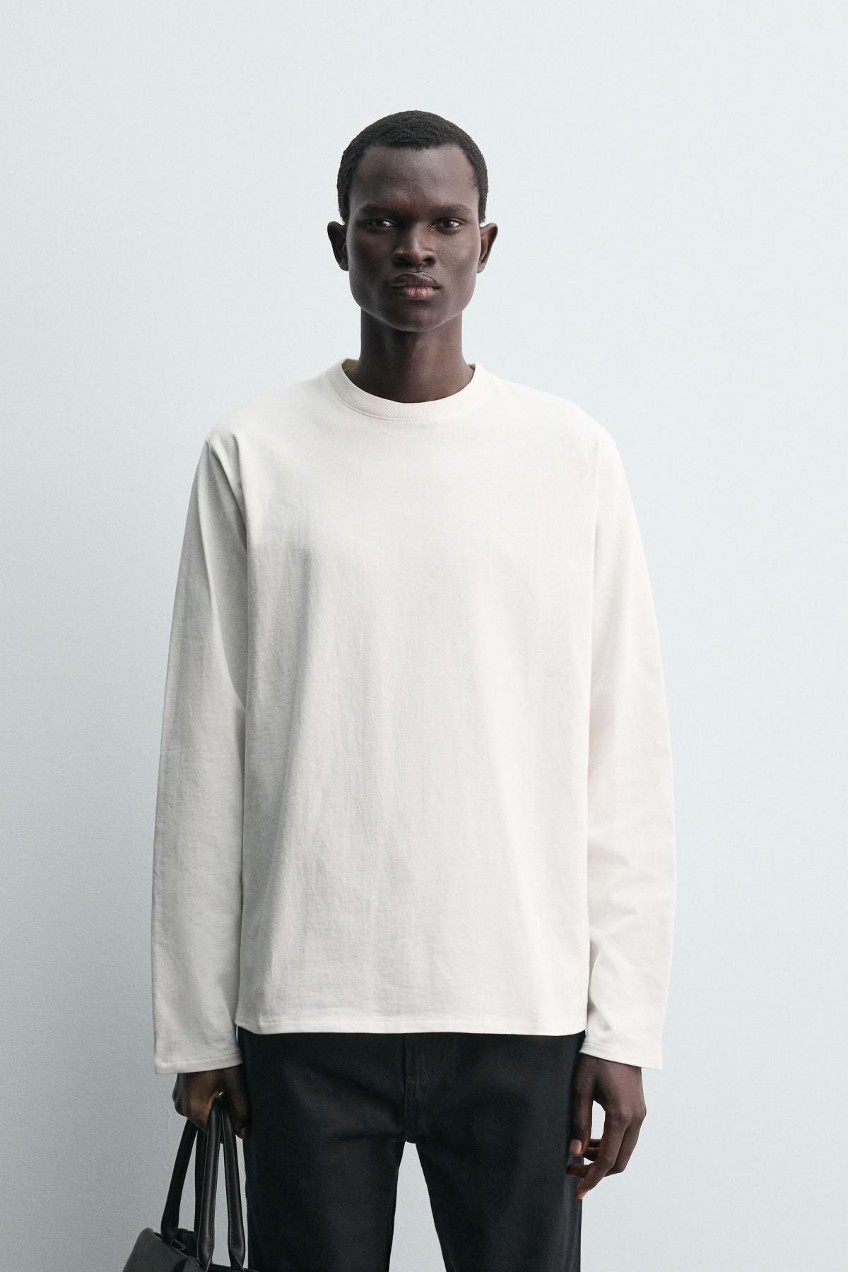 자라 컴팩트 코튼 미니멀 긴팔 티셔츠 4161/304 OYSTER-WHITE - 상세 이미지 3