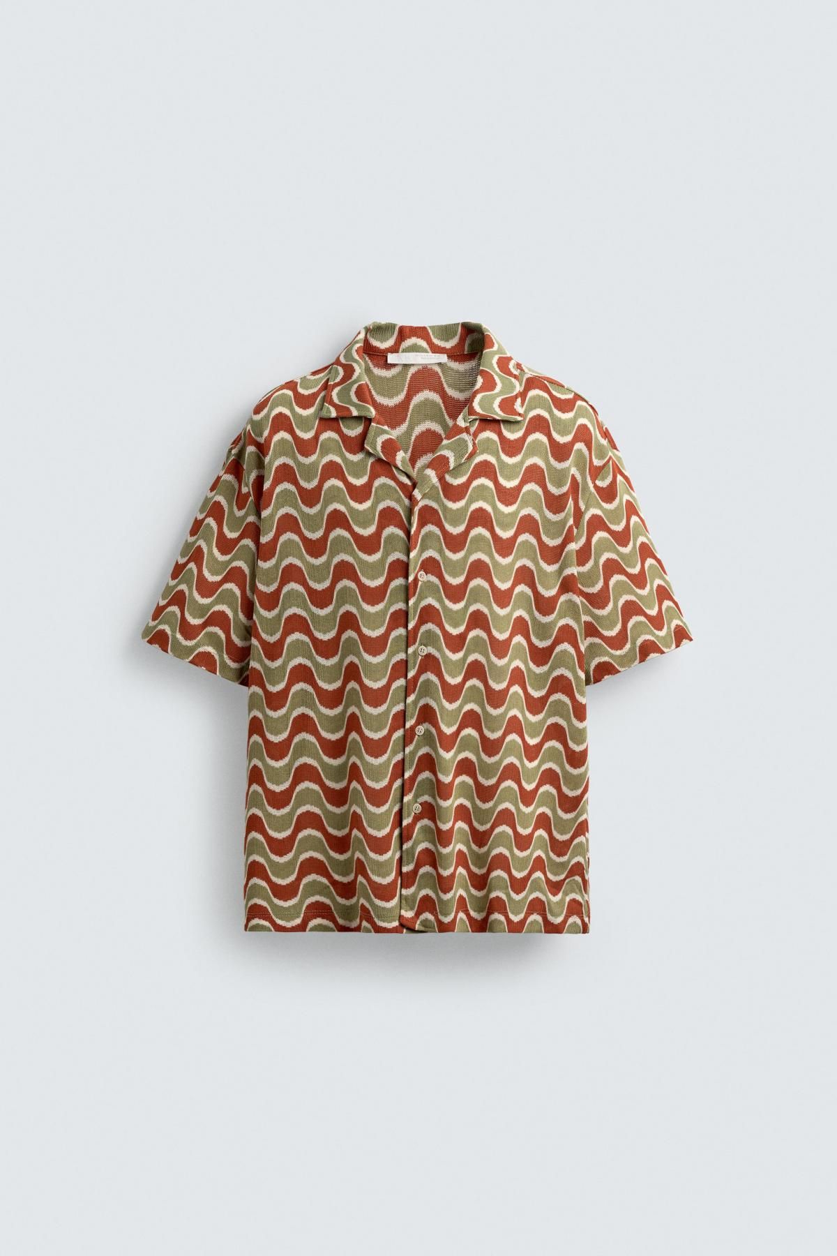 자라 레트로 지오메트릭 패턴 오픈카라 반팔셔츠 5644/308 ORANGE-GREEN - 메인 이미지
