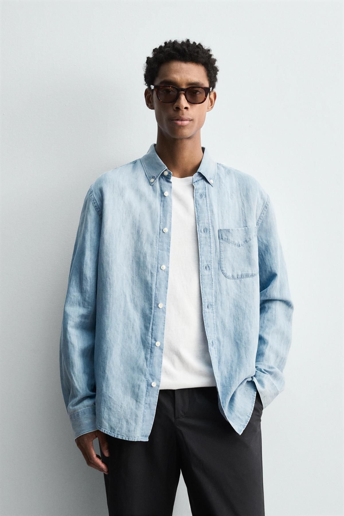 자라 라이트 데님 레귤러핏 긴팔셔츠 7545/385 LIGHT BLUE - 상세 이미지 3