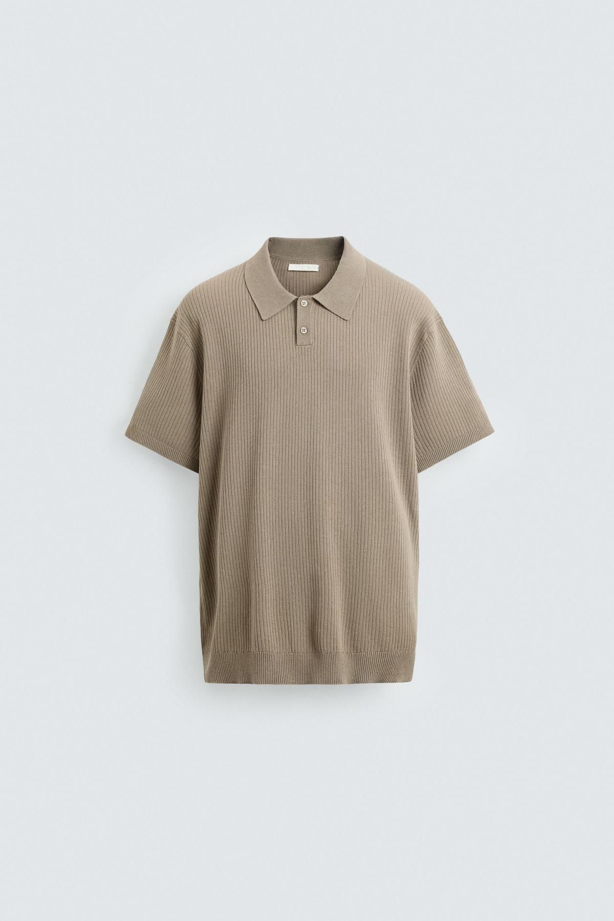 자라 미니멀 라이트 브라운 립 니트 반팔 폴로셔츠 2142/420 BEIGE - 메인 이미지